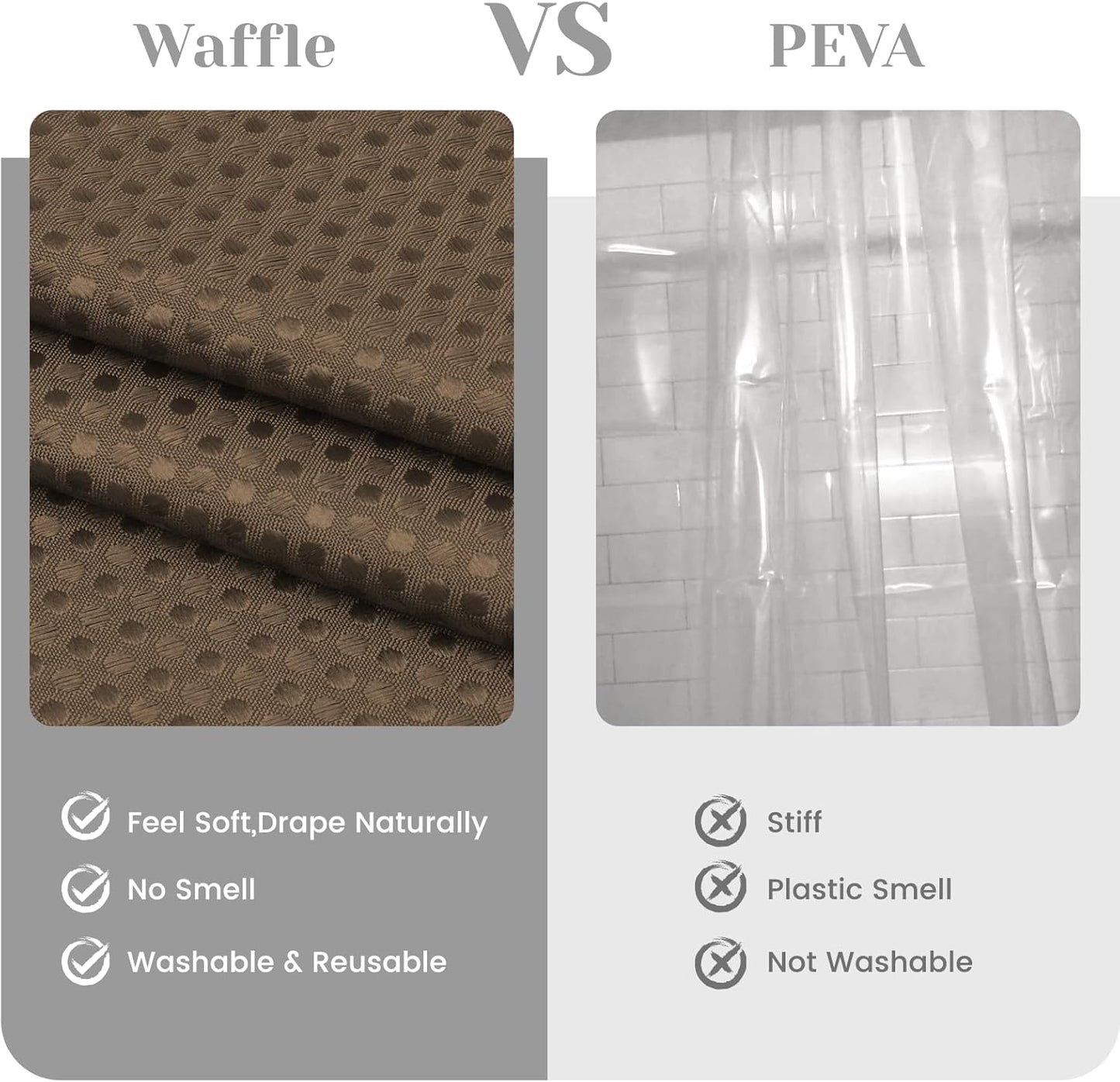 No Hook Shower Curtain with Snap in Liner Set Waffle Shower Curtain for Bathroom Hotel Style Fabric Waterproof Inner Liner，71" W x 74" H, Brown