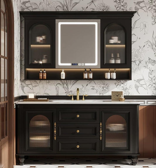 Freestanding Bathroom Vanity with Sink, Solid Wood Bathroom Vanity Set, Vintage Bathroom Vanities with Large Capacity Storage Cabinet and Open Shelf, Elegant Vanities (Black,76")