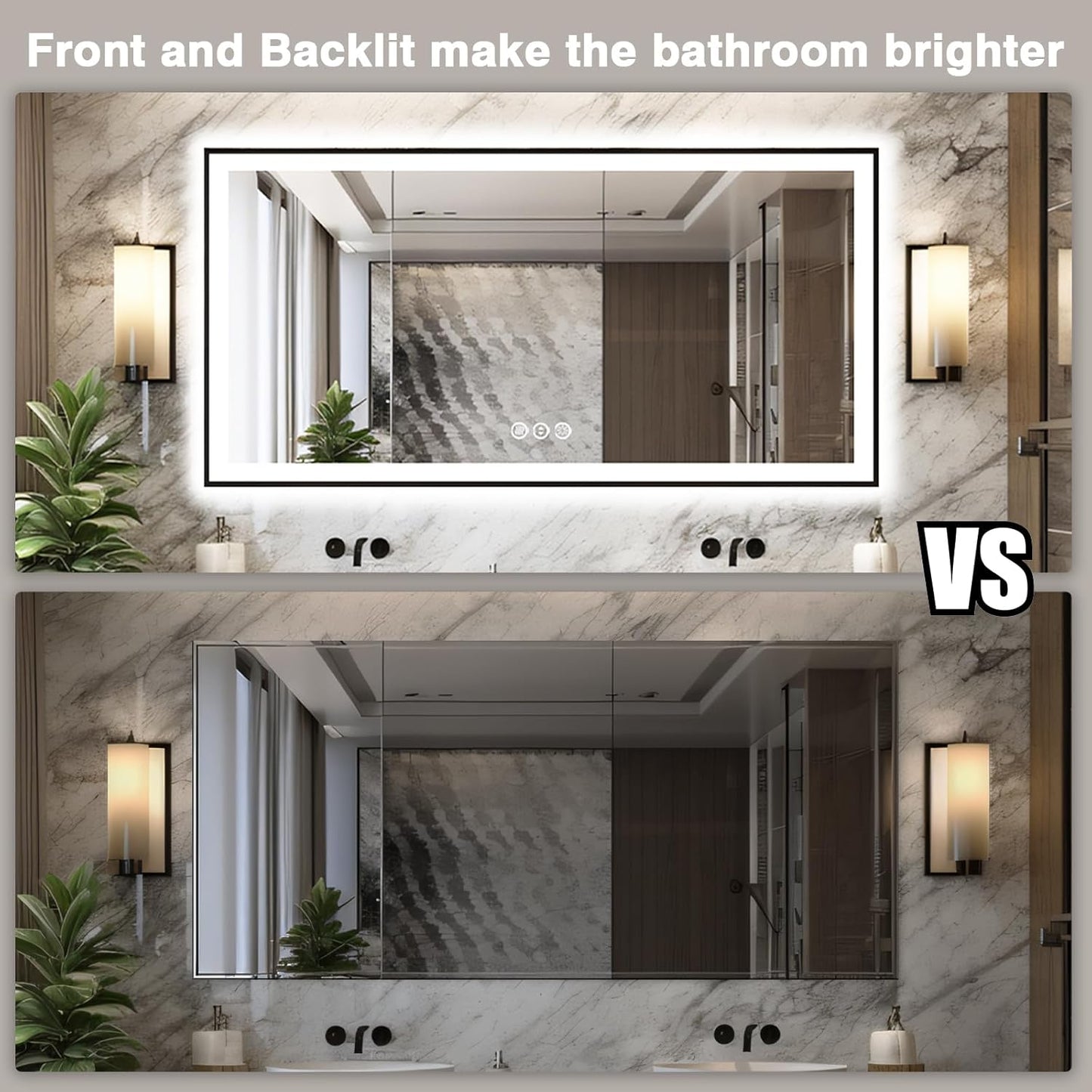 Large 88x38 LED Bathroom Mirrors - Black Aluminum Trim (Front and Backlit), Anti-Fog Vanity Mirror with Lights,Stepless Dimmable Lighted, 3 Colors Smart, Memory (Horizontal/Vertical)