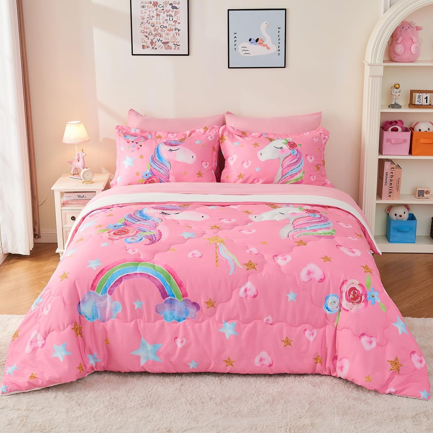 Wajade Pink Unicorn Comforter Set for Girls 7 Piece Cute Cartoon Bedding Set for Kids Full Size as Birthday Gift with Comforter, Sheet Set, Pillowcase and Sham