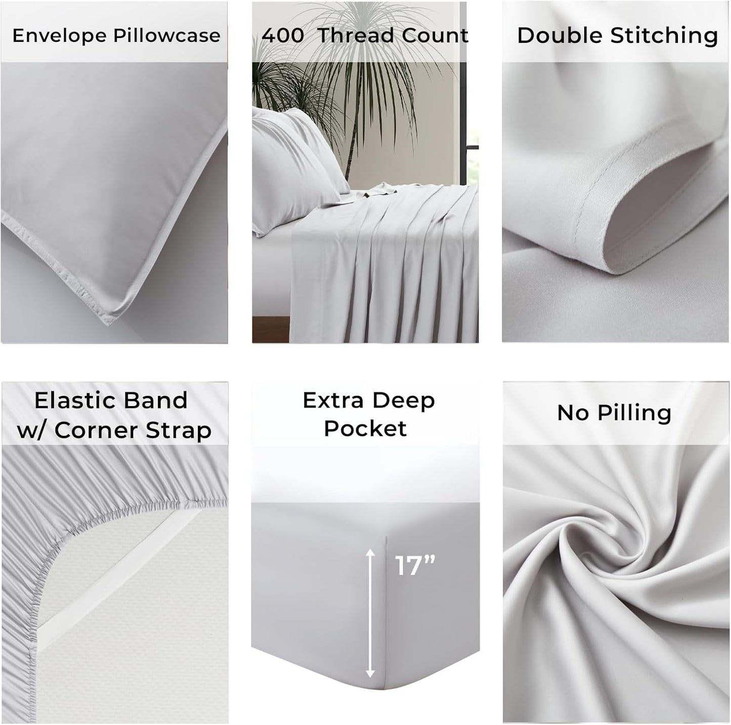 Luxury Bamboo Market | King Size Bed Sheet Set | 100% Viscose Made from Bamboo | Organically Grown | Ultra Soft | Cooling Sheets for Hot Sleepers | 17" Deep Pocket [Dove Grey]