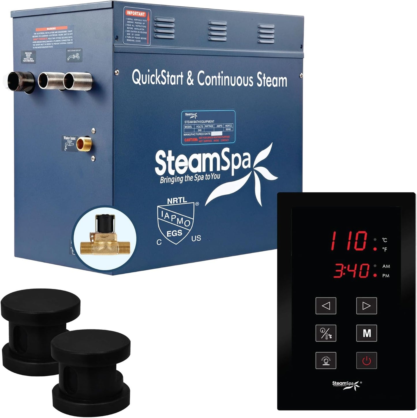 STEAMSPA 10.5kW Steam Sauna Generator Sentry Series 240V Steam Generator with Touch Screen, Steamhead, Built-in Steam Shower Auto Drain, ACU Quickstart Steam Bath Generator (Black)