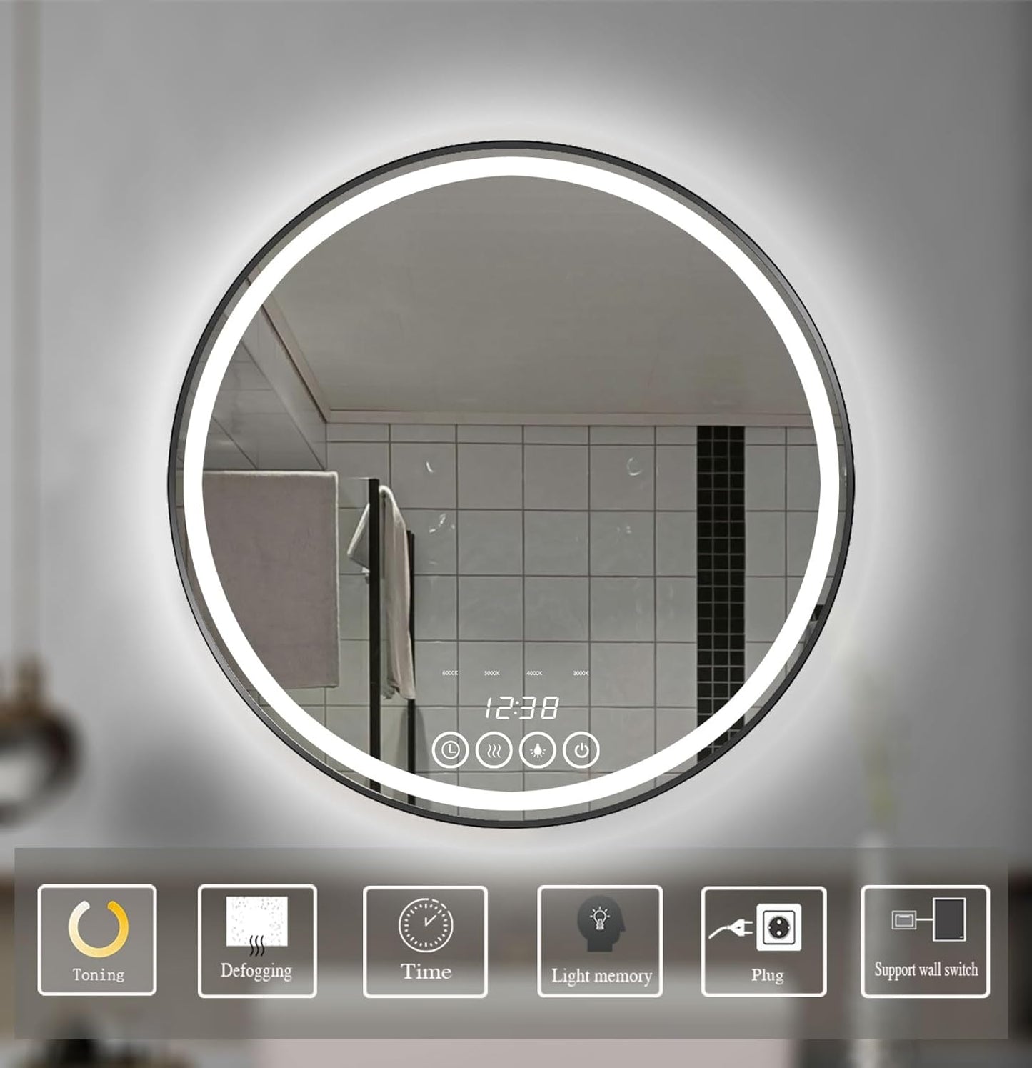 24 Inch Wall-Mounted Round Bathroom Mirror with LED-Lights - Frame Vanity Mirrors (24" x 24", Black)