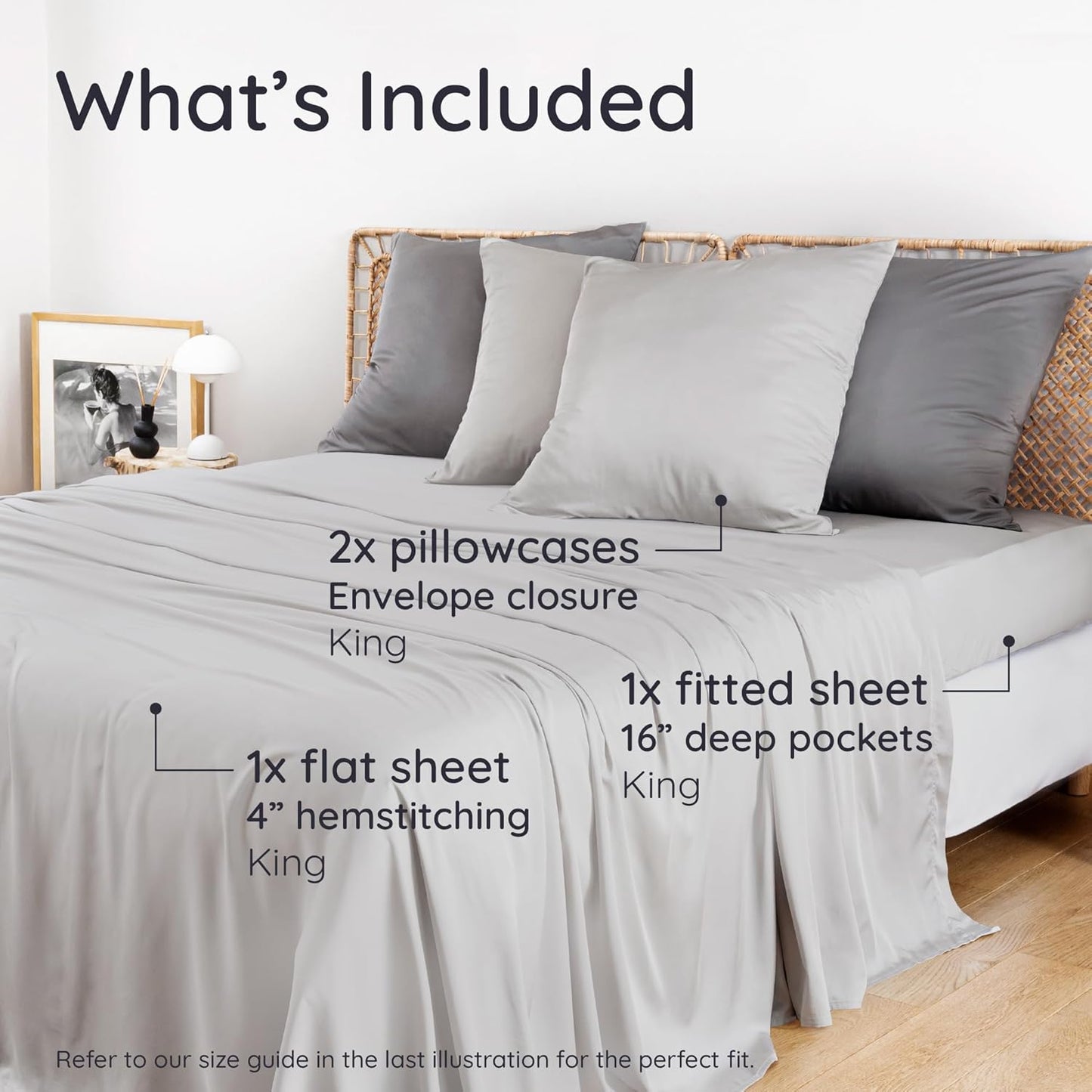 Bambaw 100% Viscose Derived from Bamboo King Size Sheets Set – 4pcs Cooling Sheets for Hot Sleepers, Deep Pocket King Sheet Set Cooling Fits Up to 16'' with Elastic Corner Straps (Moonlight Gray)