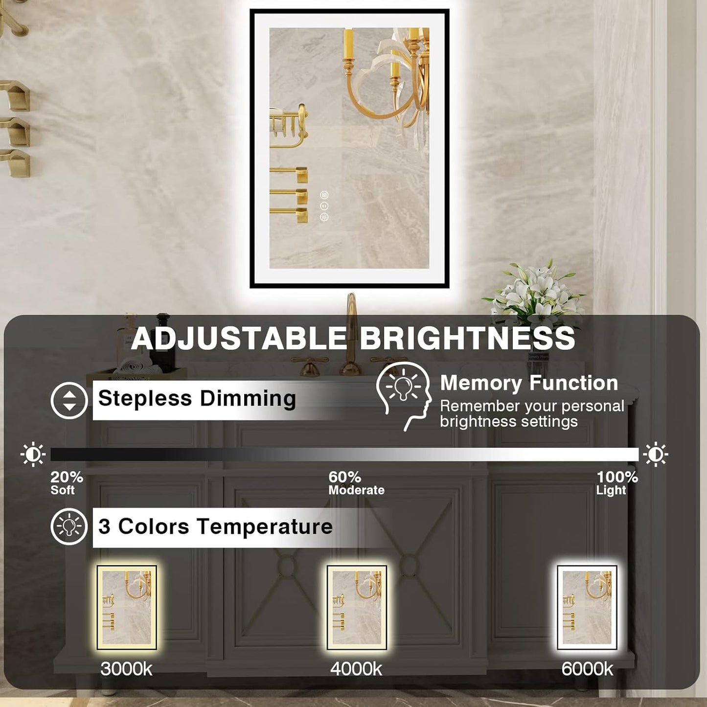 20x28 LED Bathroom Mirrors for Wall -Black Aluminum Framed (Front and Backlit), Anti-Fog Vanity Mirror With Lights,Stepless Dimmable Lighted Mirror,3 Colors Smart Mirror(Horizontal/Vertical)