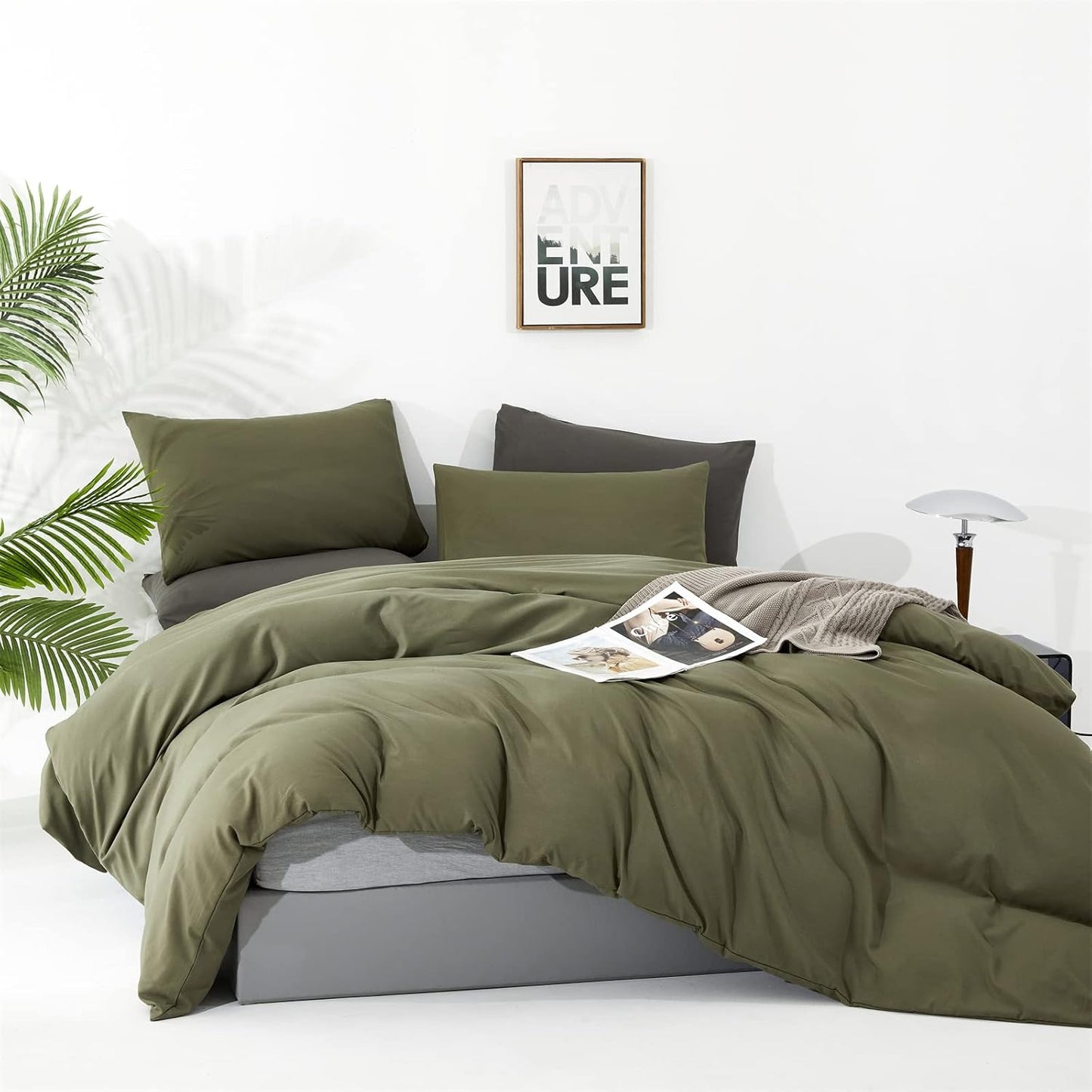 Cottonight Green Comforter Set King Olive Green Bedding Set Blanket Quilts Modern Soft Breathable 3 Piece Olive Green Comforter Set for Women Men King Bed