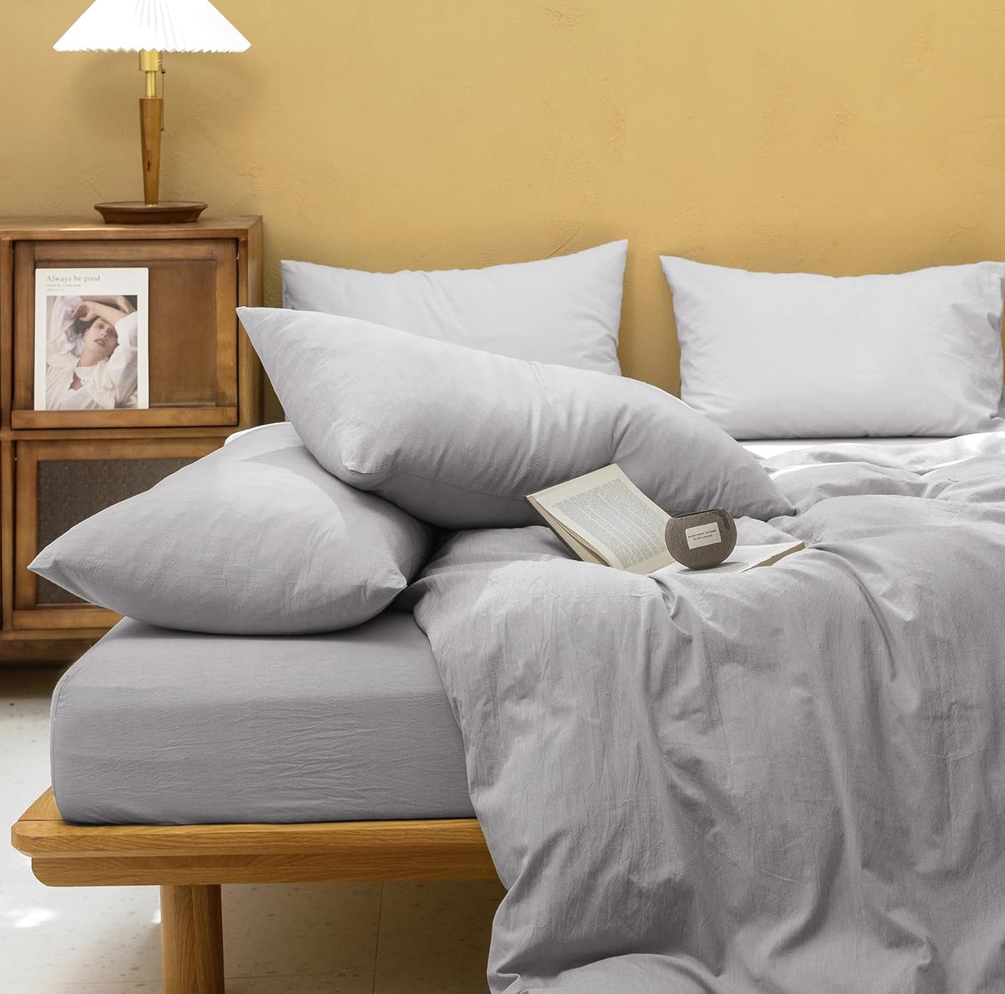 FOSSA Duvet Cover Set 100% Washed Cotton Linen Feel Super Soft Breathable Cozy 3 Pieces Bedding Sets Solid Grayish Queen