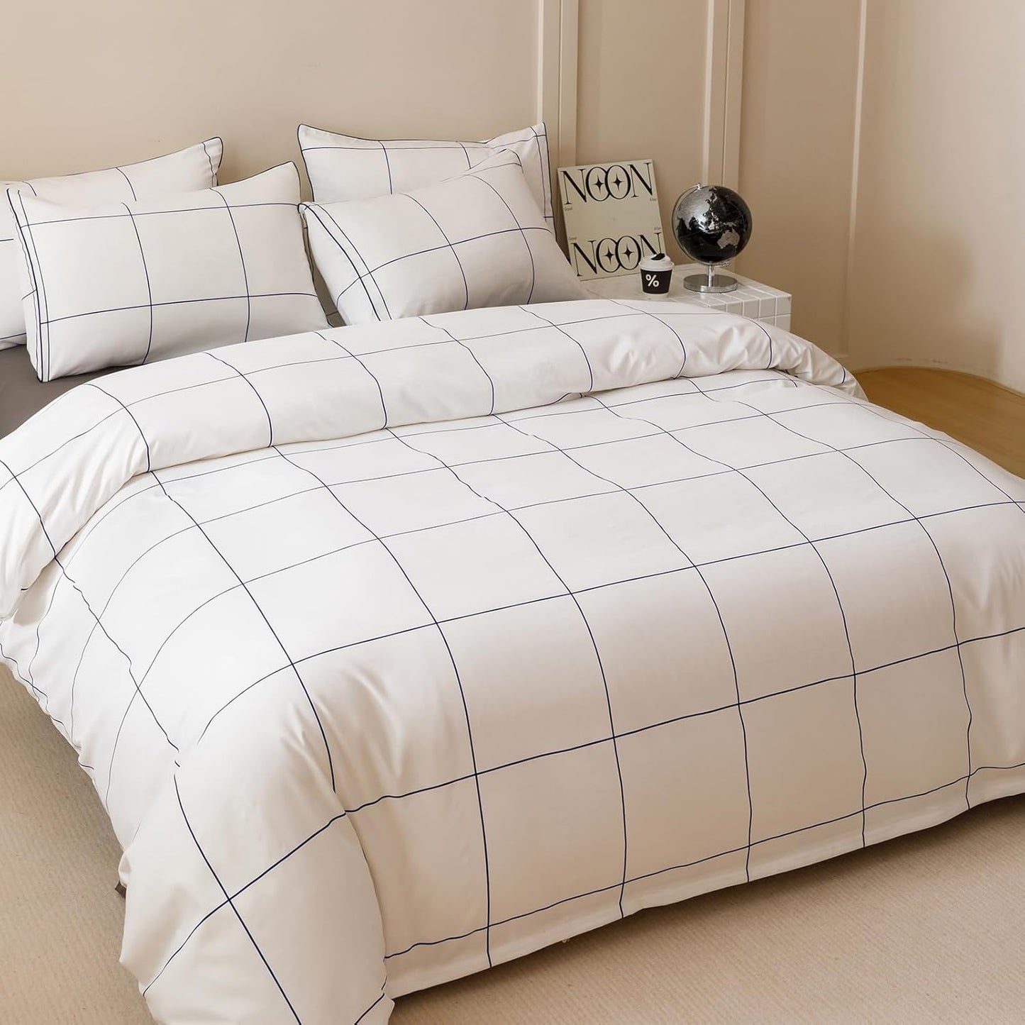 KAREVER White Grid Comforter Queen Women Navy Blue Square Lines Checkered Bedding Set Queen White Plaid Comforter Queen Size