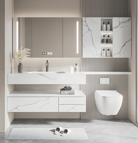 Floating Bathroom Vanity with Sink, Solid Wood Bathroom Vanity Set, Smart Defogging Mirror & Induction Side Cabinet & Large Storage - Elegant Bathroom Vanities (White,44IN)
