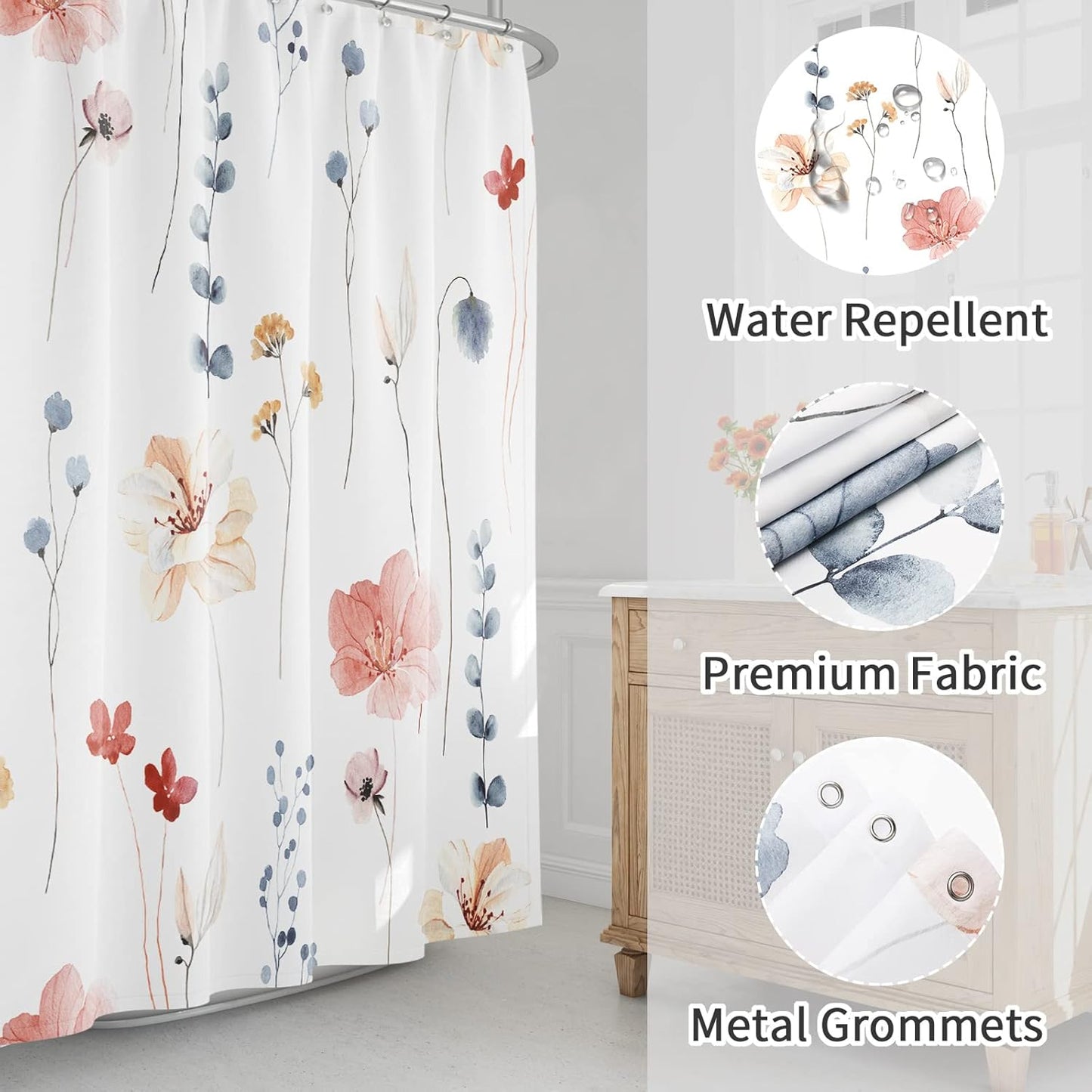 Gibelle Small Stall Shower Curtain 36 x 72, Narrow Half Watercolor Floral Fabric Shower Curtain, Coral Beige Flower Decorative Bathroom Shower Curtain Set with Hooks