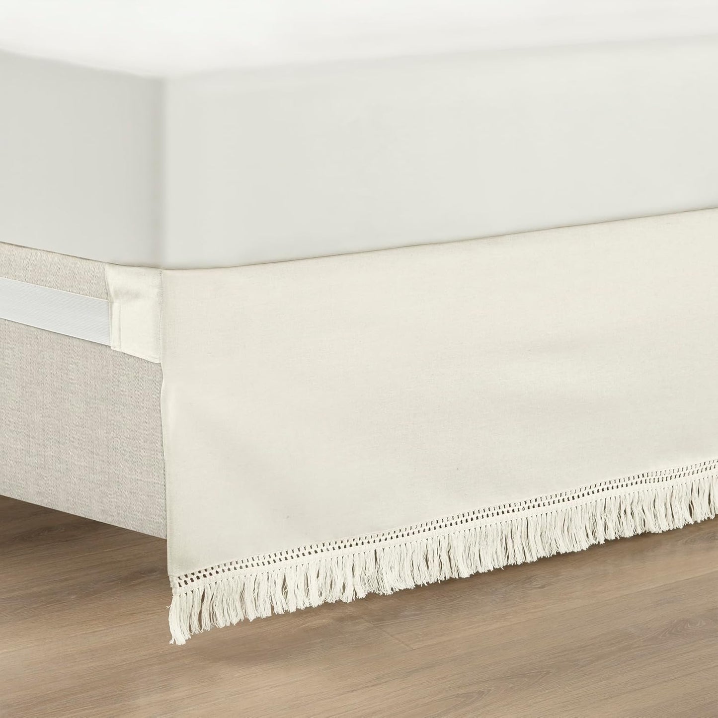 Lush Decor Boho Fringe 15-Inch Tailored Drop Easy Fit Bedskirt, Queen, Off-White