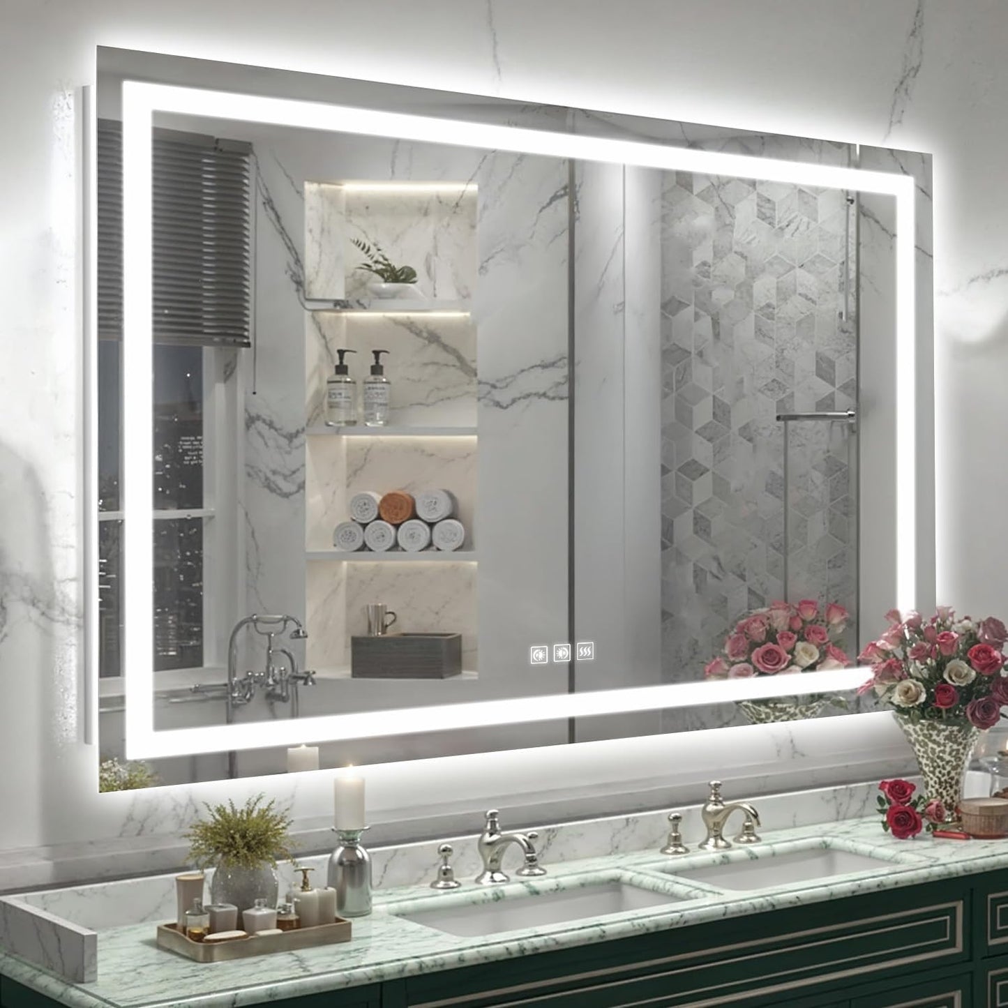 LED Mirror for Bathroom, 55x40 Inch Backlit + Front Lighted Bathroom Vanity Mirror with Lights for Wall, Double Light Strips, 3 Colors, Shatter-Proof, Anti-Fog and Brightness Memory