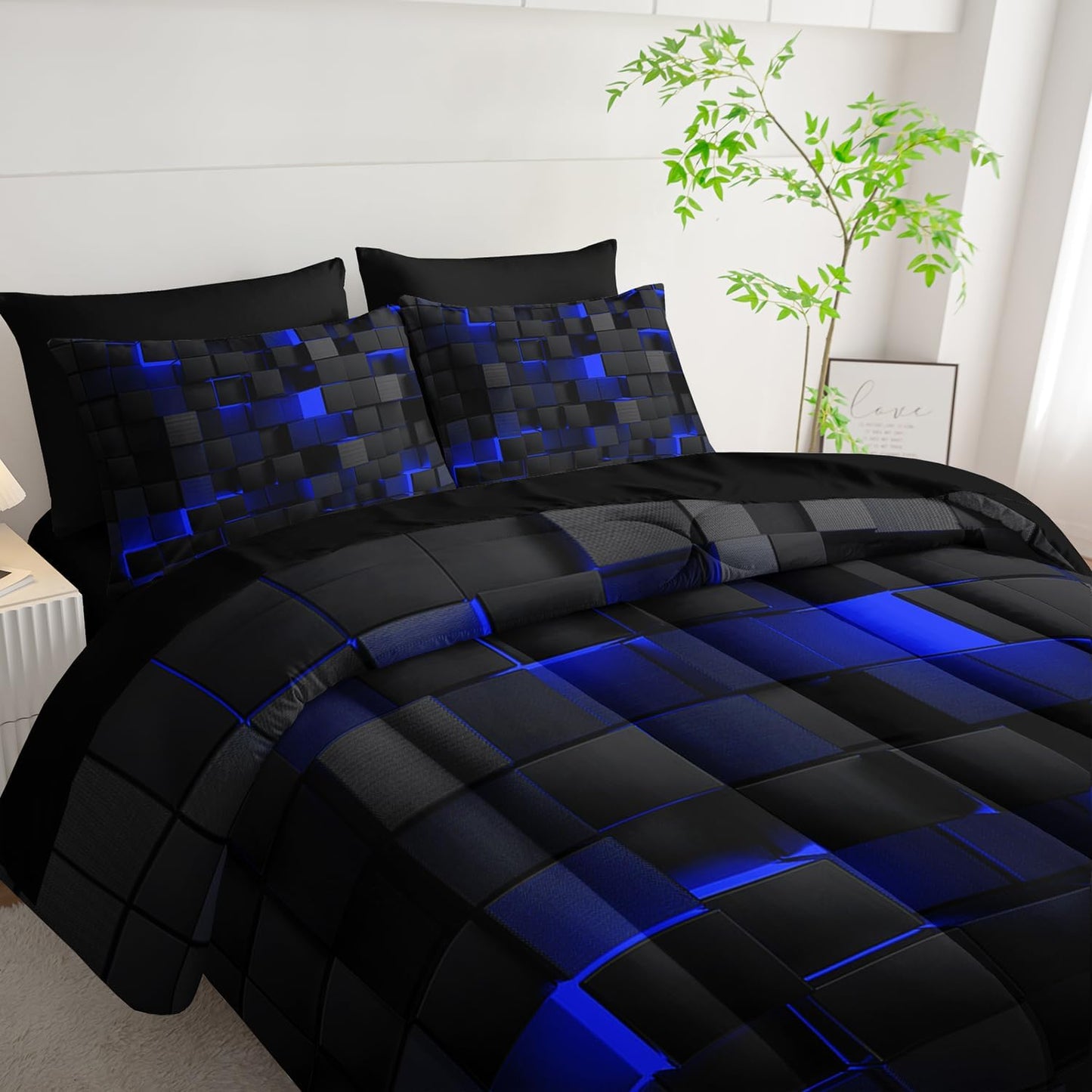 Twin Size Comforter Set 7 Piece - Black and Blue Modern Bedding, 3D Cube Design, Soft Microfiber, Gamer Bed Set, All Season