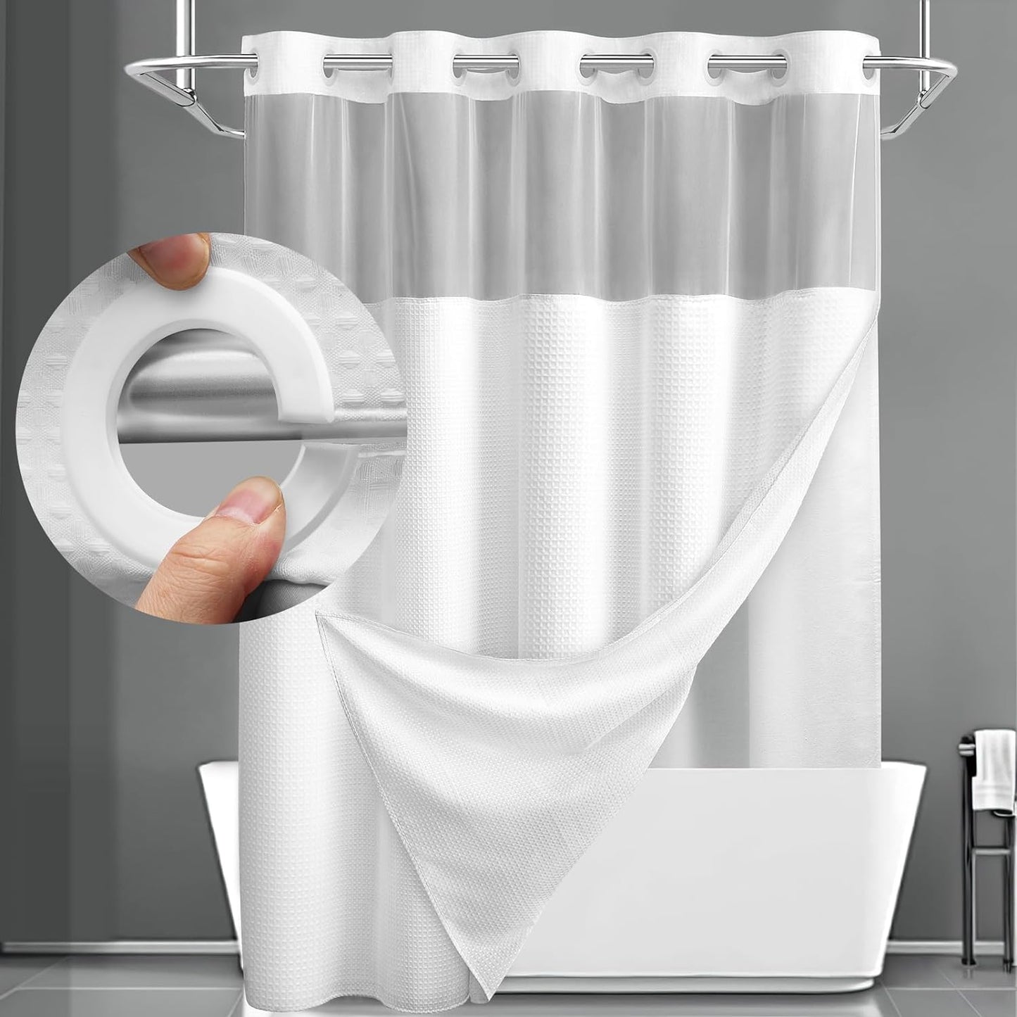 YellyHommy No Hook Shower Curtain with Snap in Fabric Liner Set Less Time White Waffle Shower Curtain for Bathroom 87" L x 72" W