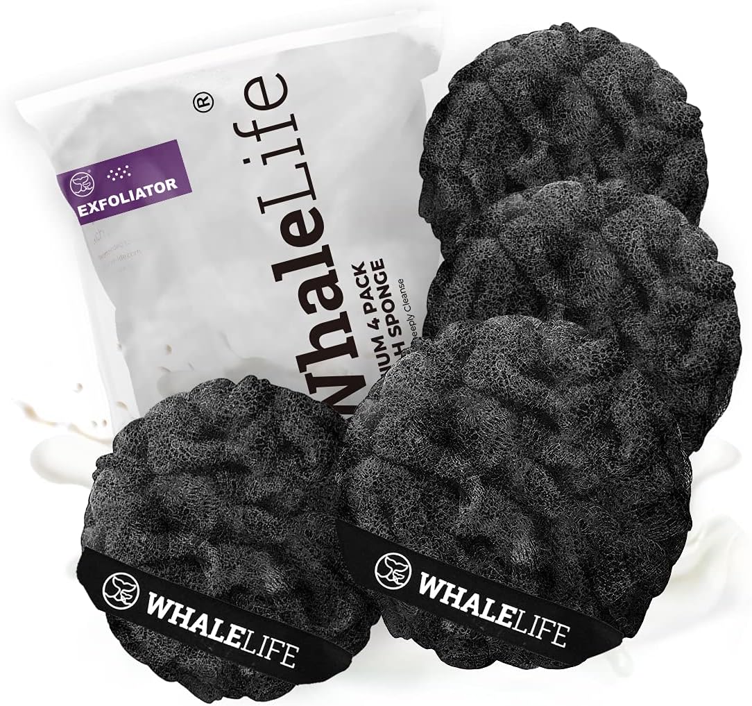 Loofah Sponge Bath Sponge for Women Men 4 Pack (Black Rough Surface)