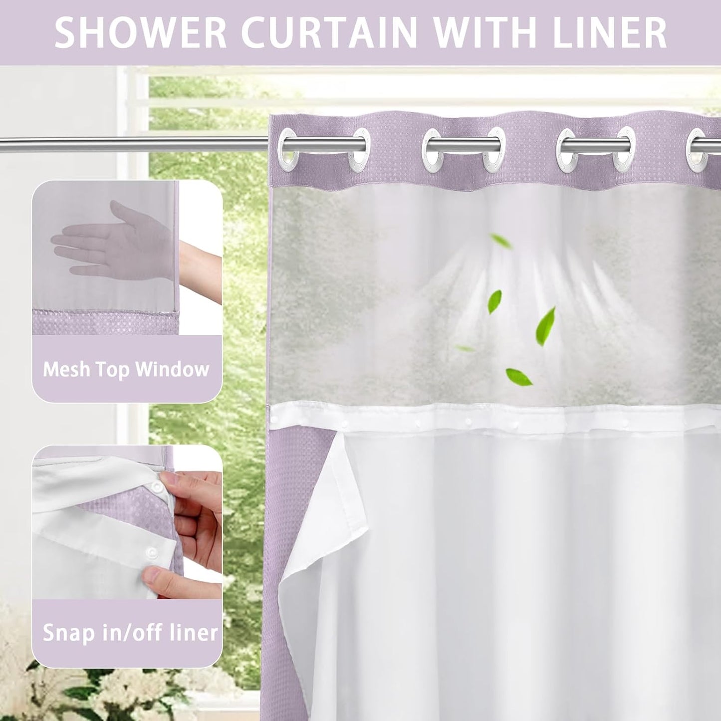 YellyHommy No Hook Shower Curtain with Snap in Liner Set Less Time Waffle Shower Curtain for Bathroom (Lavender, 81" L x 72" W)