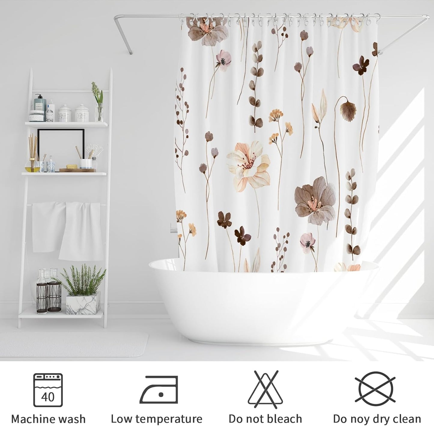 Gibelle Small Stall Shower Curtain 36 x 72, Narrow Half Watercolor Floral Fabric Shower Curtain, Brown Beige Flower Decorative Bathroom Shower Curtain Set with Hooks
