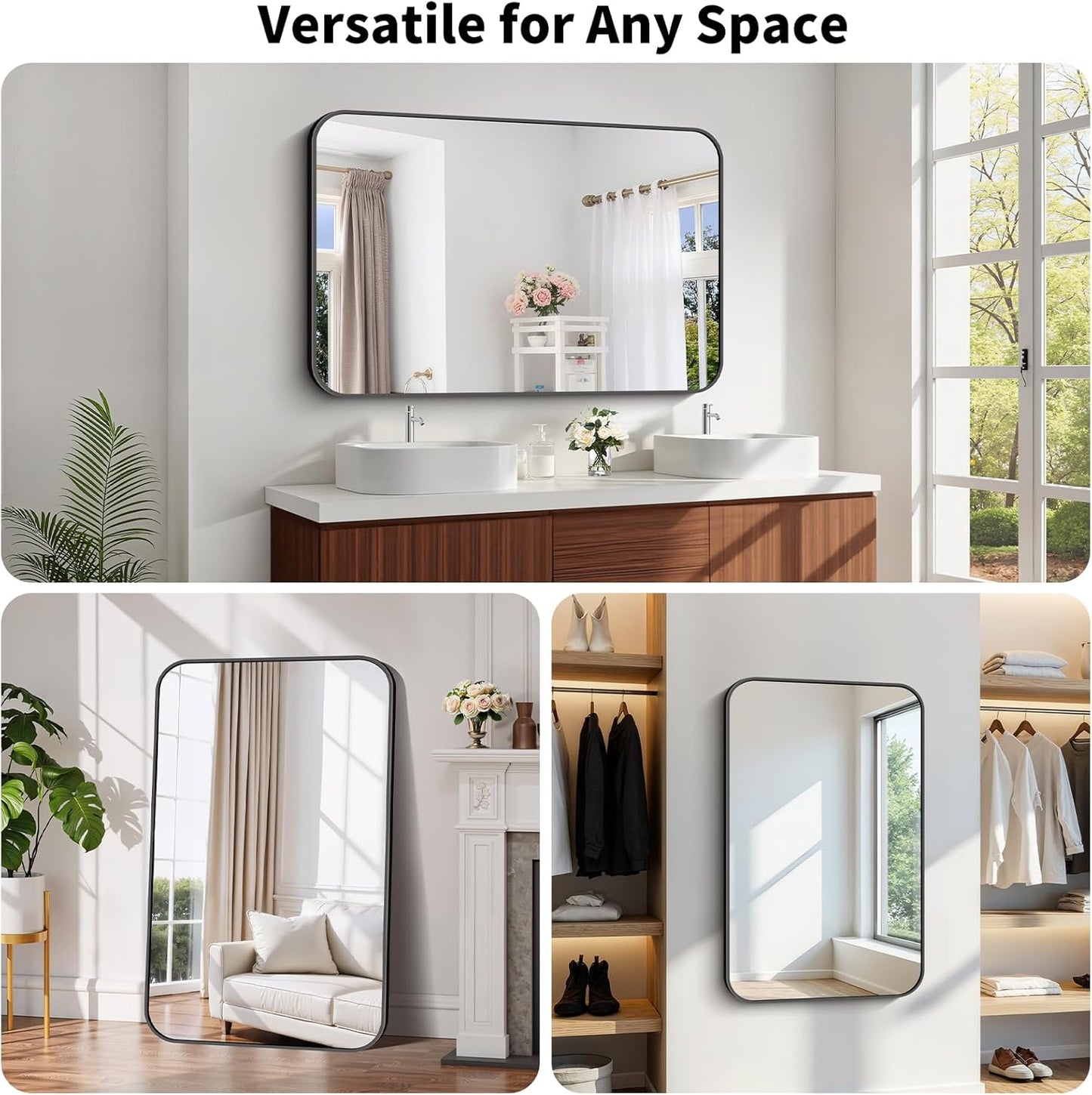 Koonmi Black Framed Bathroom Mirror - 30x48 Inch Shatterproof Tempered Glass Vanity Mirror for Bathroom Sink, Wall Mounted with Matte Aluminum Alloy Frame, No Distortion, Modern Decor