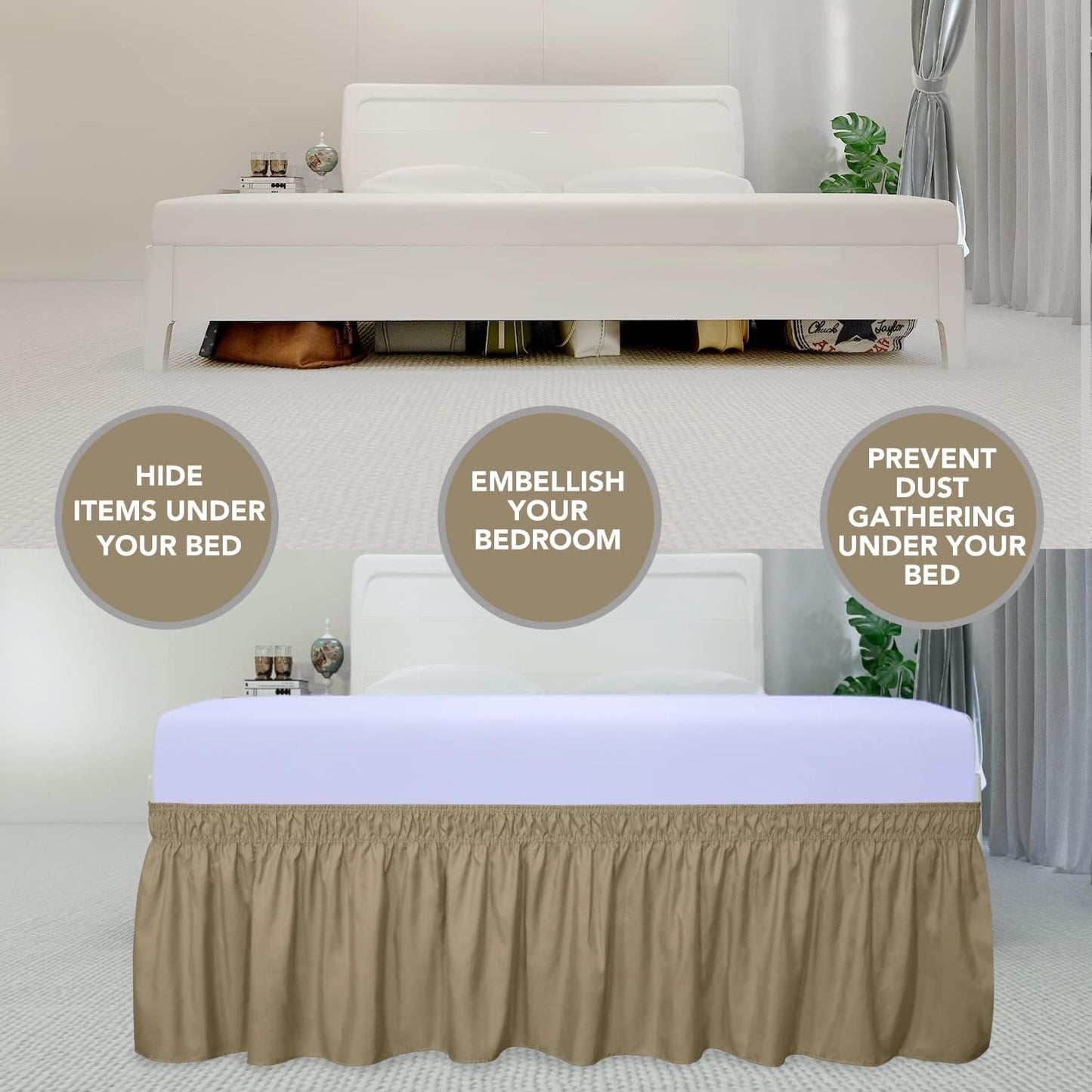 PureFit Wrap Around Ruffled Bed Skirt with Adjustable Elastic Belt - 22 Inch Drop Easy to Put On, Wrinkle Free Bedskirt Dust Ruffles, Bed Frame Cover for Twin,Twin XL and Full Size Beds, Camel