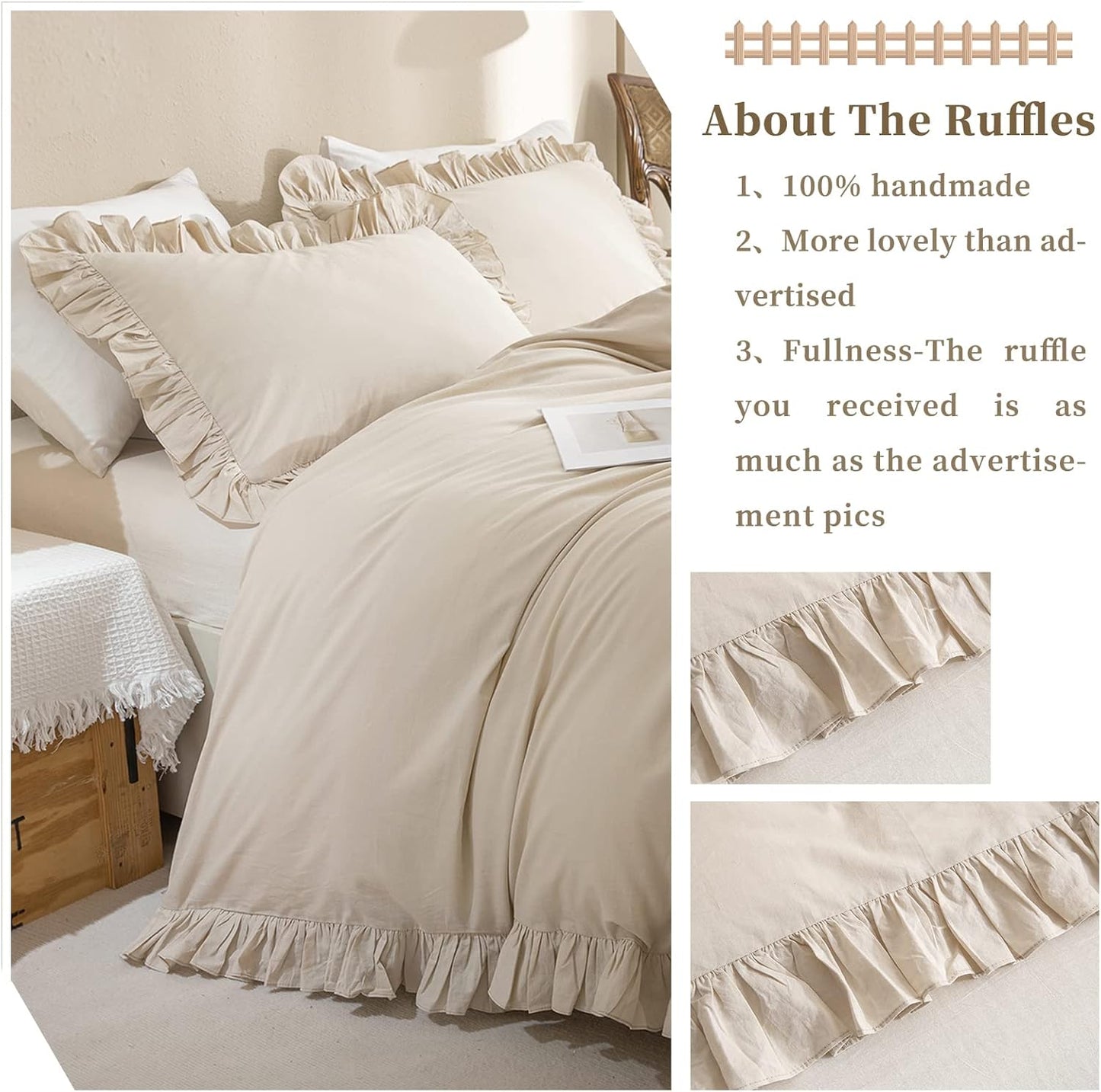 QSH Washed Cotton Queen Duvet Cover Set Ruffle Duvet Cover Linen Textured Farmhouse Shabby Vintage Chic Bedding Comforter Cover 3 Pieces Aesthetic French Country Queen Bed Set