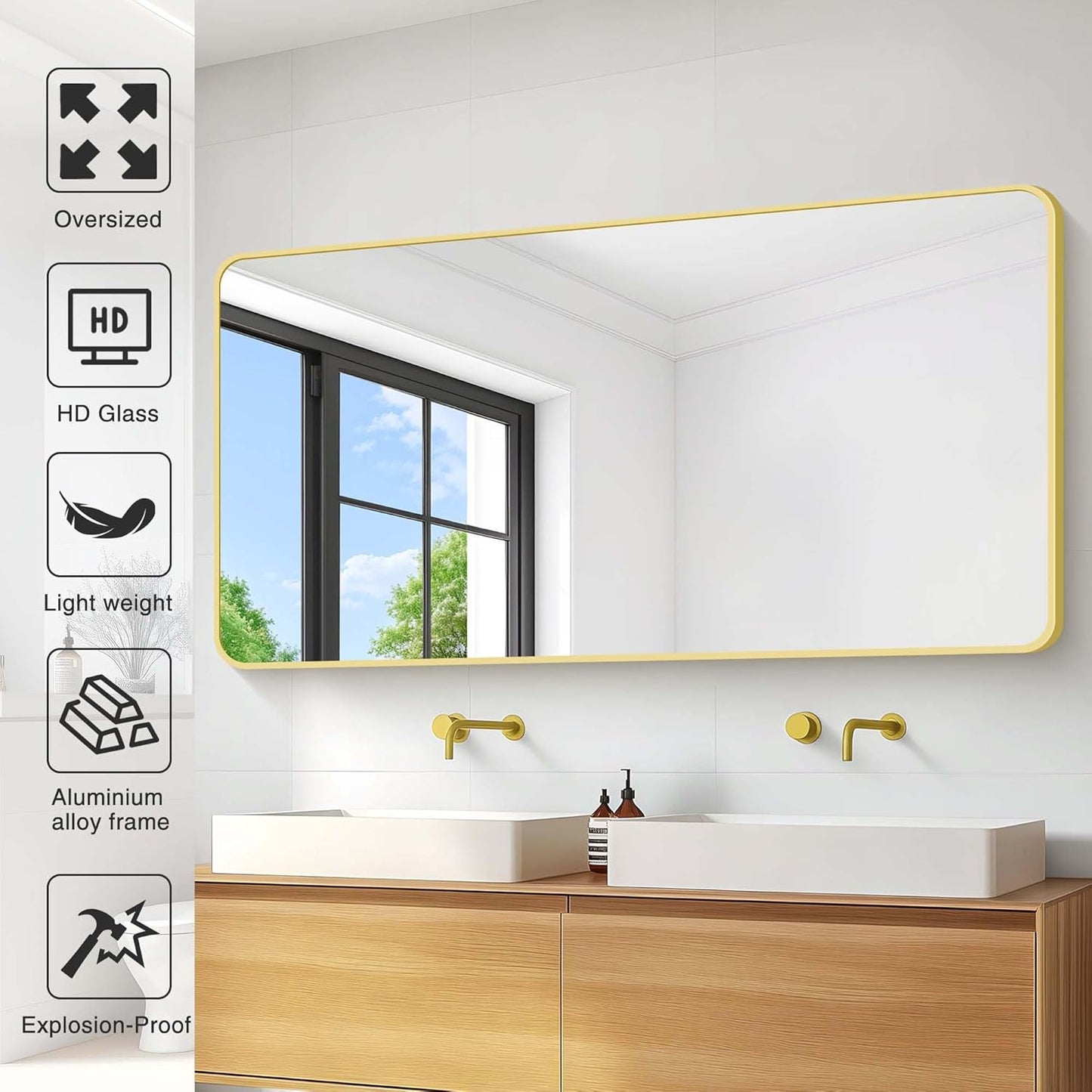 55"x30" Gold Bathroom Mirror, Large Rectangle Mirror, Rectangular Wall Mirror, Rounded Corner Vanity Mirror with Aluminum Metal Frame for Bathroom Bedroom Living Room Horizontal/Vertical