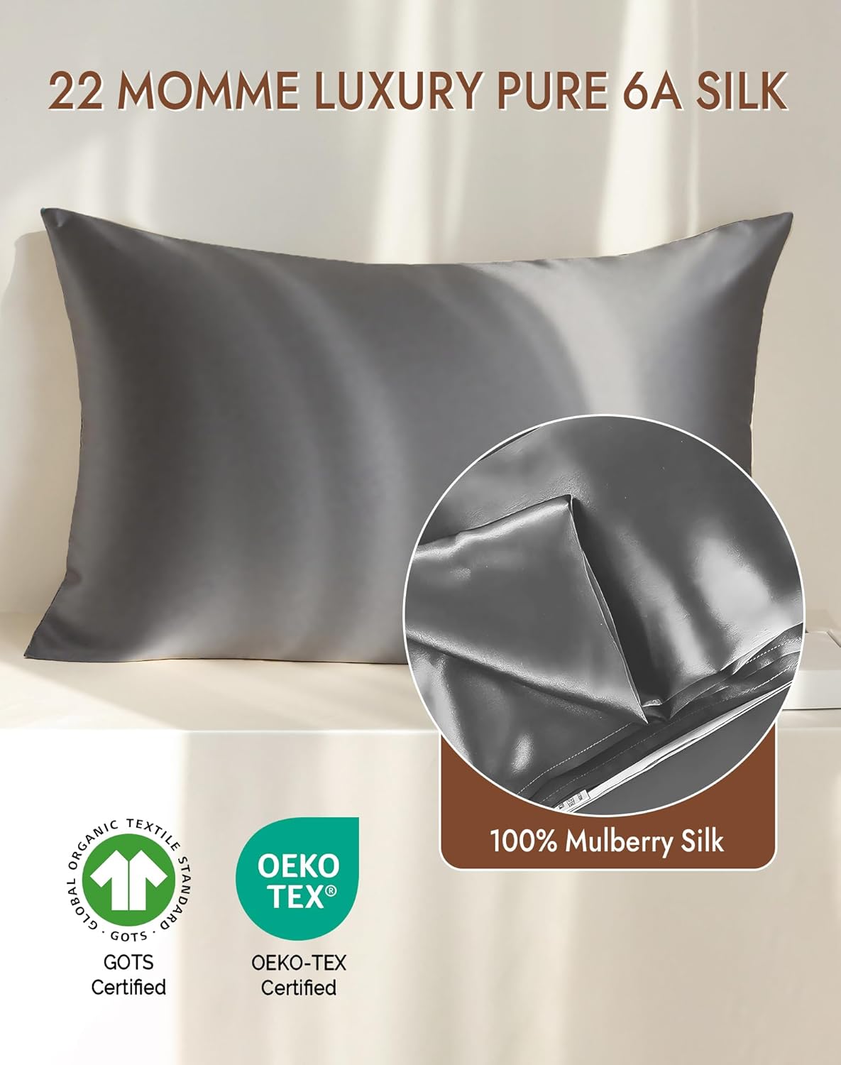 SilkSilky 100% Mulberry Silk Pillowcase - Pure 22 Momme High-Grade 6A Fibers for Hair & Skin, Envelope Closure, Natural, Organic, Breathable & Cooling Pillow Case (King, Dark Gray)
