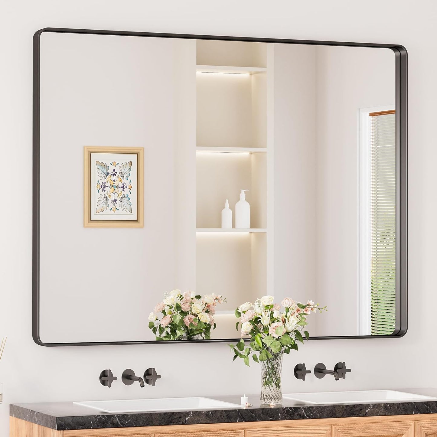 Keonjinn Black Framed Mirrors for Bathroom 48” x 40” Large Rounded Rectangle Wall Mirror, Matte Black Farmhouse Bathroom Vanity Mirror with Seamless Metal Frame, HD Tempered Glass(Horizontal/Vertical)