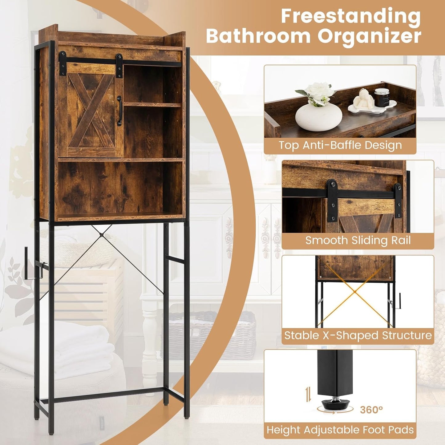 Giantex Over The Toilet Storage Cabinet - Freestanding Bathroom Organizer Rack with Adjustable Shelf, Sliding Barn Door, Paper Holder, Bathroom Space Saver, Above Toilet Storage Cabinet (Brown)