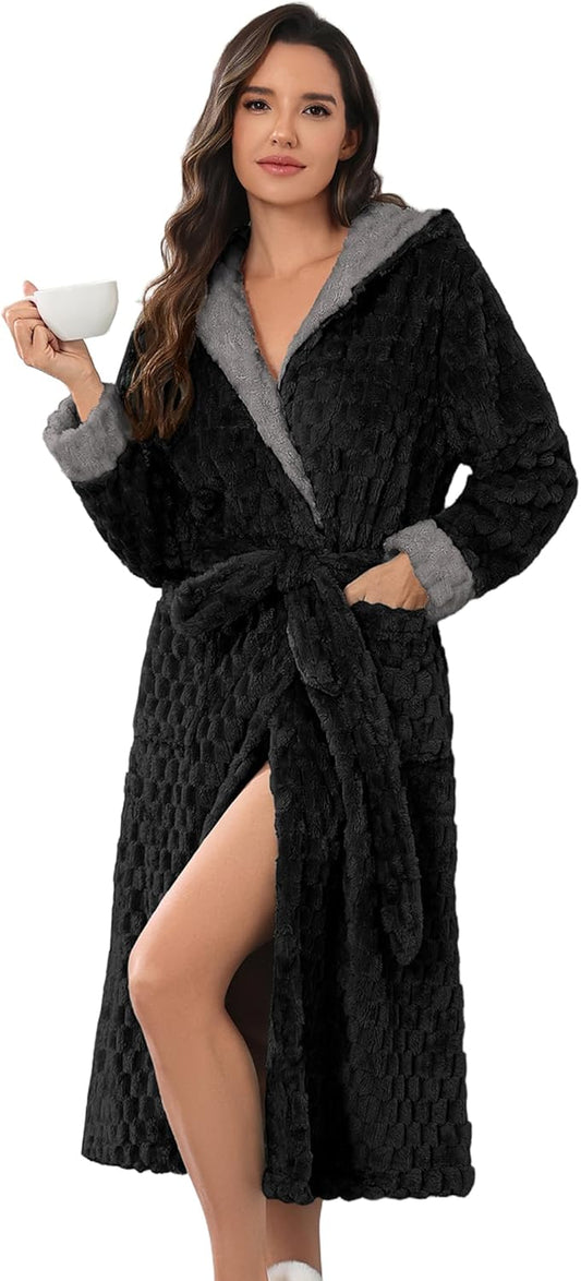 Ekouaer Womens Plush Robes Long Soft Jacquard Fluffy Bathrobe Hooded Robe Sleepwear with Pockets
