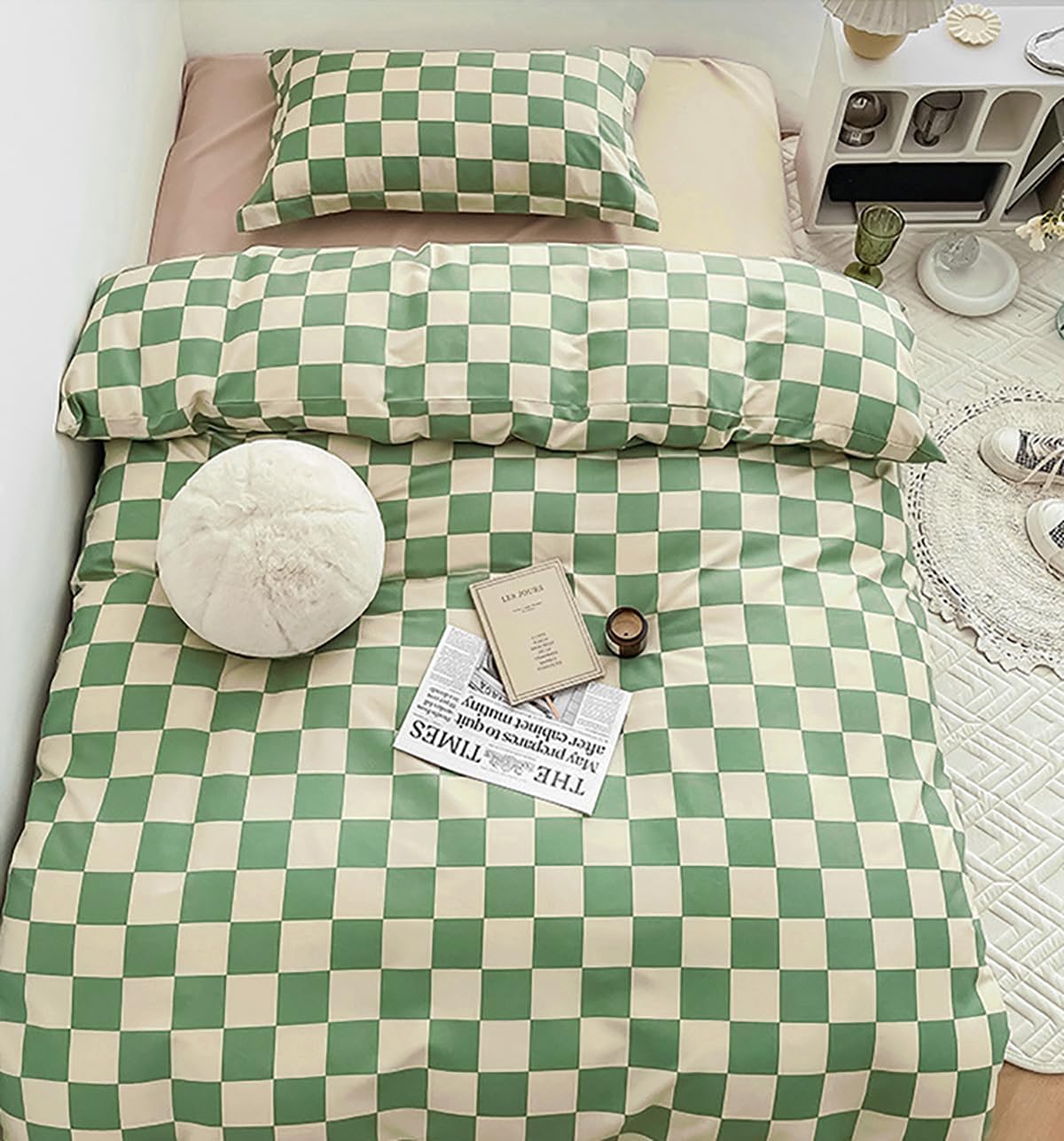 KAREVER Green White Grid Comforter Set Full Sage Green Plaid Bedding Set Girls Light Green White Checkered Bed Set Breathable Blanket Set Kids Durable Bedding Comforter Set