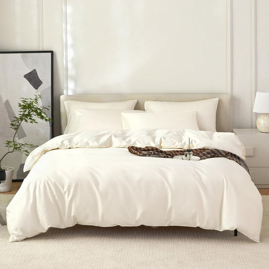Duvet Cover Queen Size 100% Egyptian Cotton Duvet Cover Set,1600 Thread Count Feel Super Soft Comfortable Chic Lightweight 3 PCs Home Bedding Set (Cream White, 90''x90''
