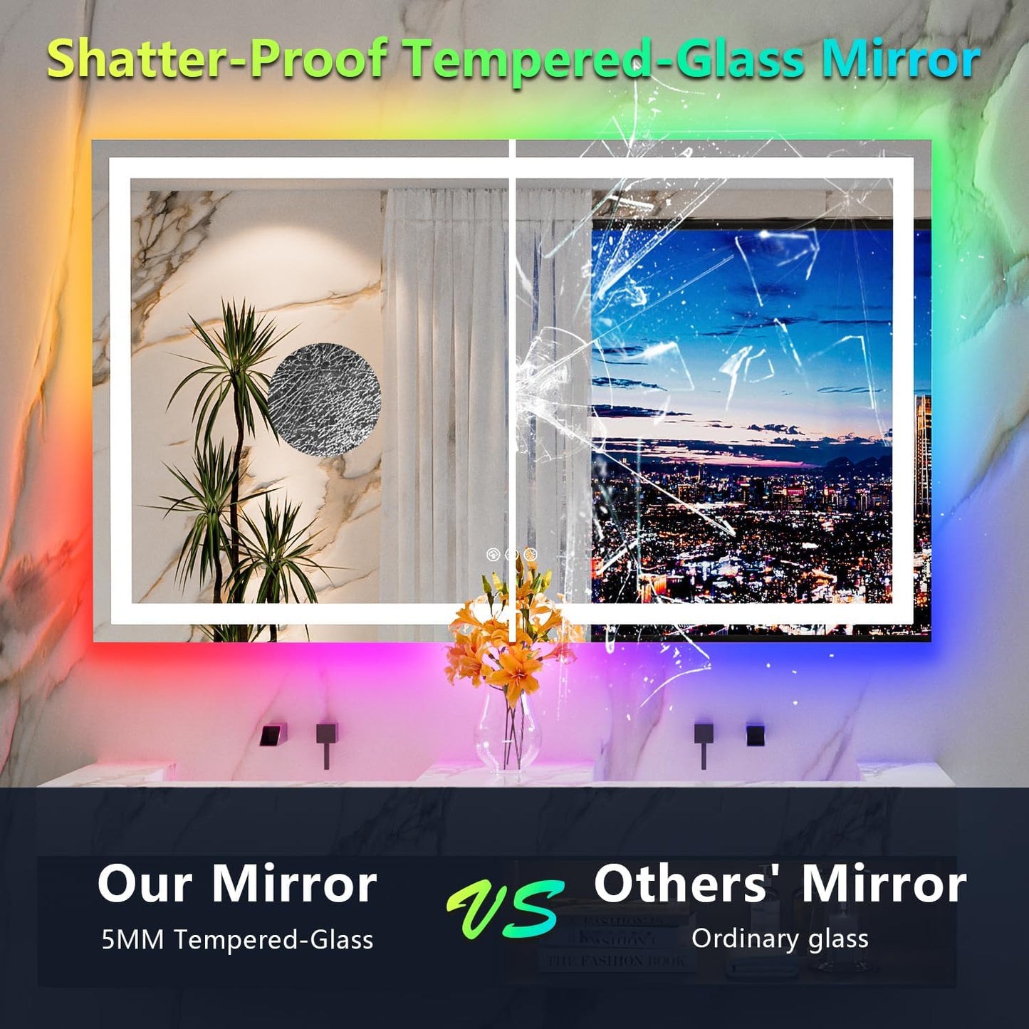 60x36 Inch RGB LED Bathroom Mirror Front Light and RGB Backlit Lighted Vanity Mirror for Bathroom Wall Mounted Dimmable Anti Fog Memory Shatter-Proof IP54 Waterproof Horizontal/Vertical