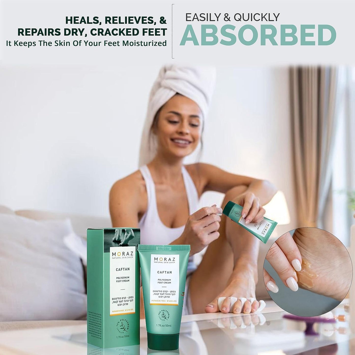 Moraz Caftan Polygonum Foot Cream for Dry Cracked Heels and Feet with 75% Polygonum Extract – Non-greasy, Fast-absorbing Intensive Foot Moisturizer for Dry Cracked Feet, Vegan, Paraben Free, 8.5 Fl Oz