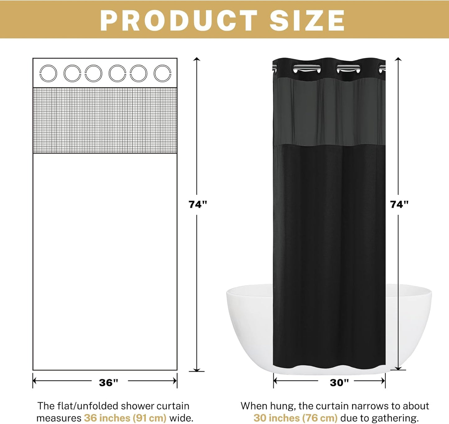 Stall No Hook Shower Curtain with Snap in Liner, Polyester Textured Shower Curtain with Liner Set, Waterproof Washable Hotel Style Shower Curtains for Bathroom, 36Wx74H, Black