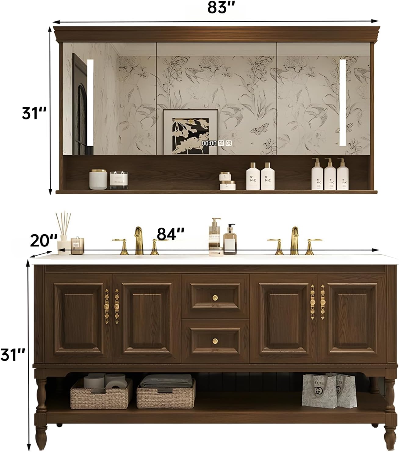 84" Double Bathroom Vanity with Sink,Freestanding Bathroom Vanity Large Storage Cabinet & Open Mirror Cabinet,4 Soft Closing Doors and 2 Drawers Solid Wood Luxury Bathroom Vanities Set,Brown