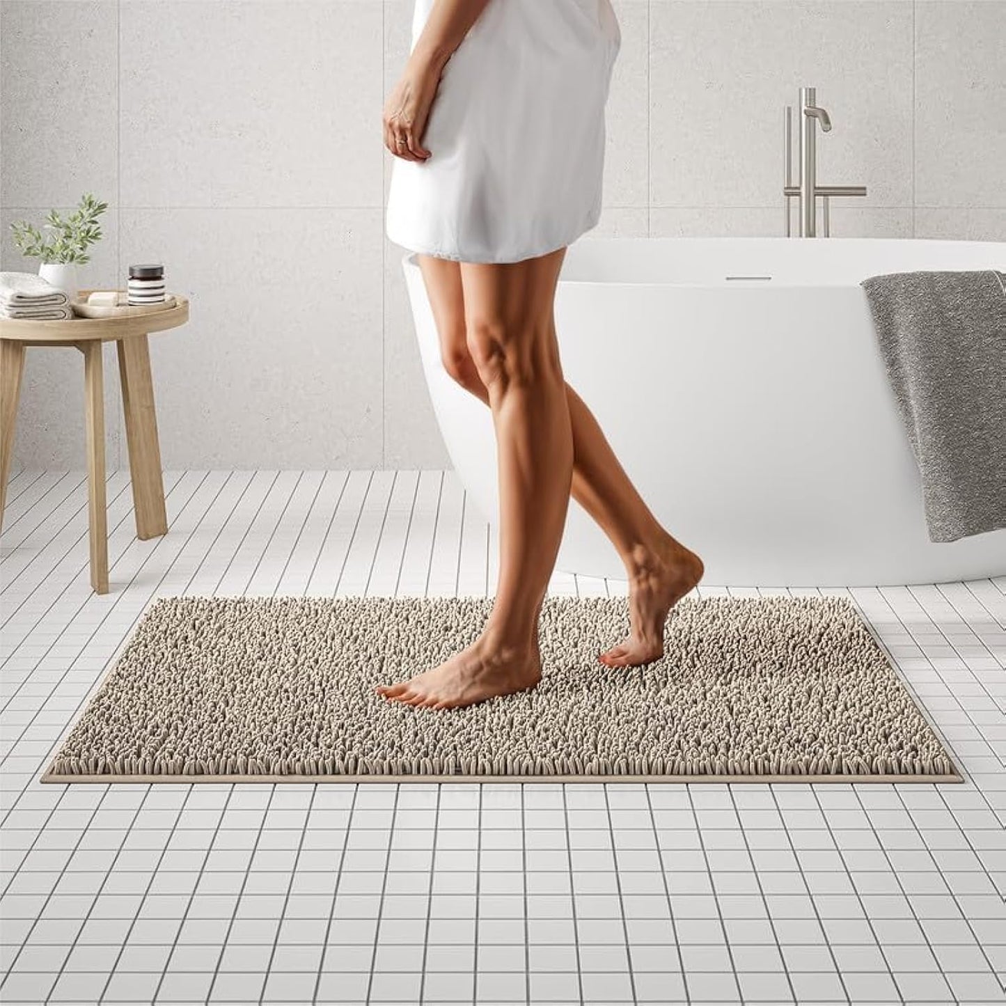 MAYSHINE Plush Shaggy Chenille Bath Mat | Extra Soft, Super Absorbent, Non-Slip Bathroom Rug | Fluffy Microfiber, Area Rug Sets for Bathroom Floor, Kitchen, Living Room | 47"x27" | Beige