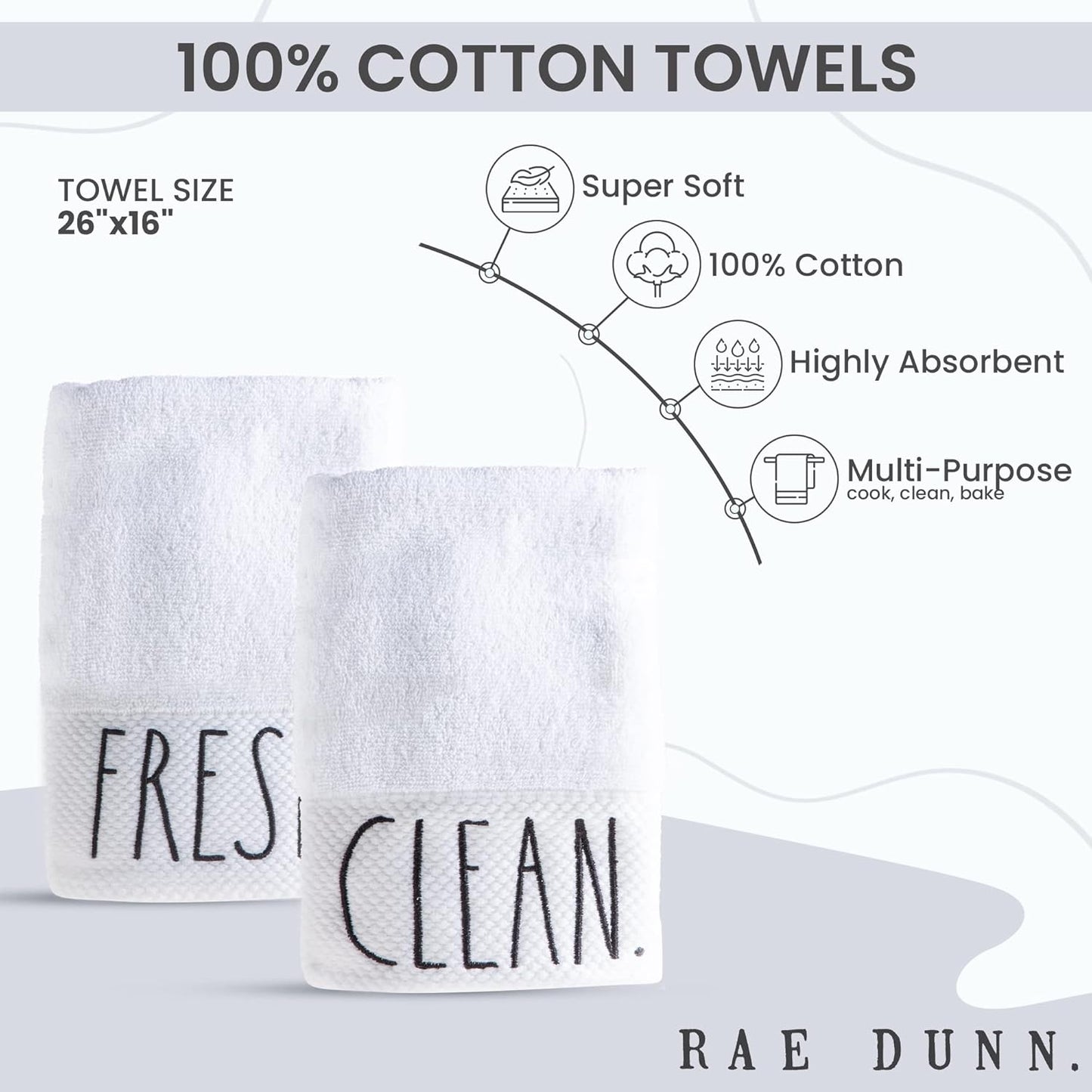 Rae Dunn Hand Towels, Embroidered Decorative Hand Towel for Kitchen and Bathroom, 100% Cotton, White- Fresh/Clean, 16"x 28"