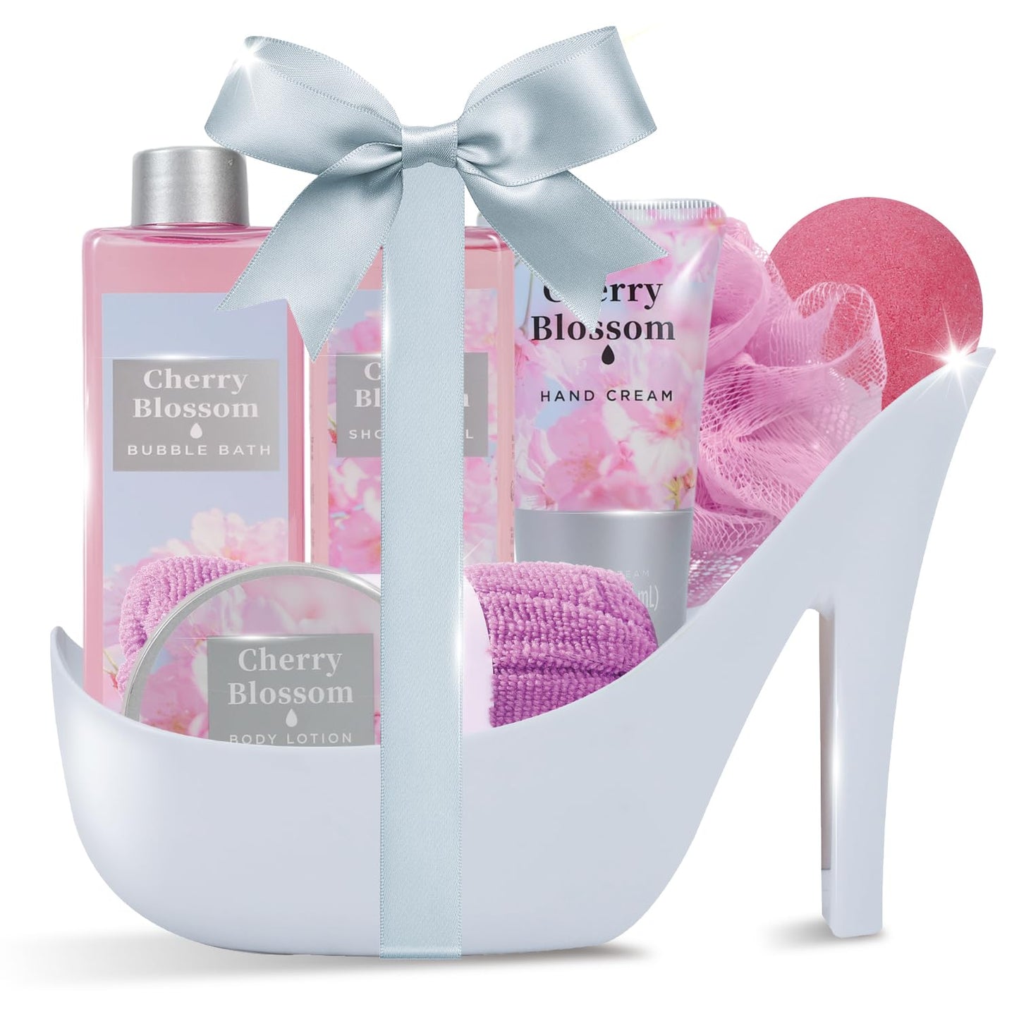 Cherry Blossom Christmas Gifts for Women Spa Basket, High Heel Bath Set with Shower Gel & Bath Bombs, Mother's Day Birthday, Anniversary Gifts for Mom, Sister, Bestie