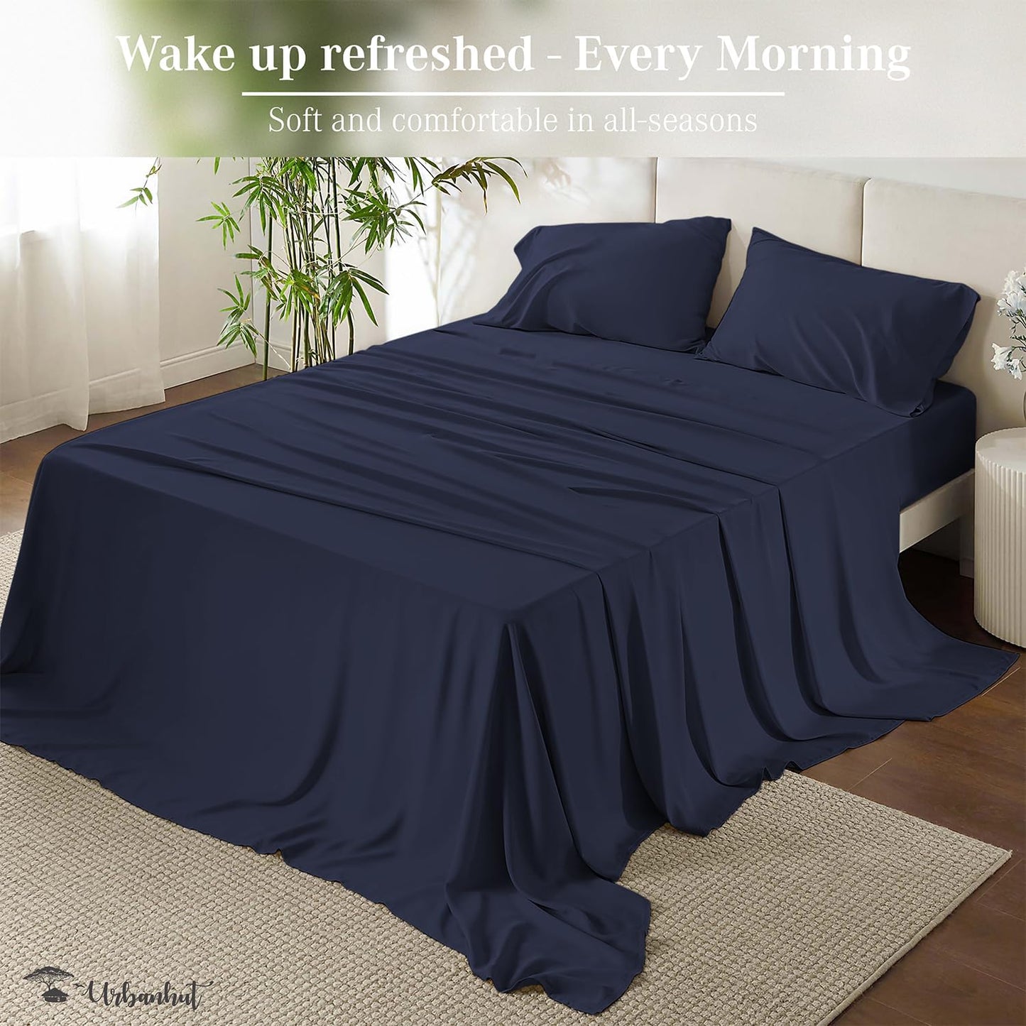 URBANHUT 700 Thread Count Full Size Egyptian Cotton Sheets, 4Pc Sheet Set Soft Luxury Bed Sheets for Full Size Bed, Sateen Weave Hotel Sheets, 14'' Elasticized Deep Pocket - Navy Blue