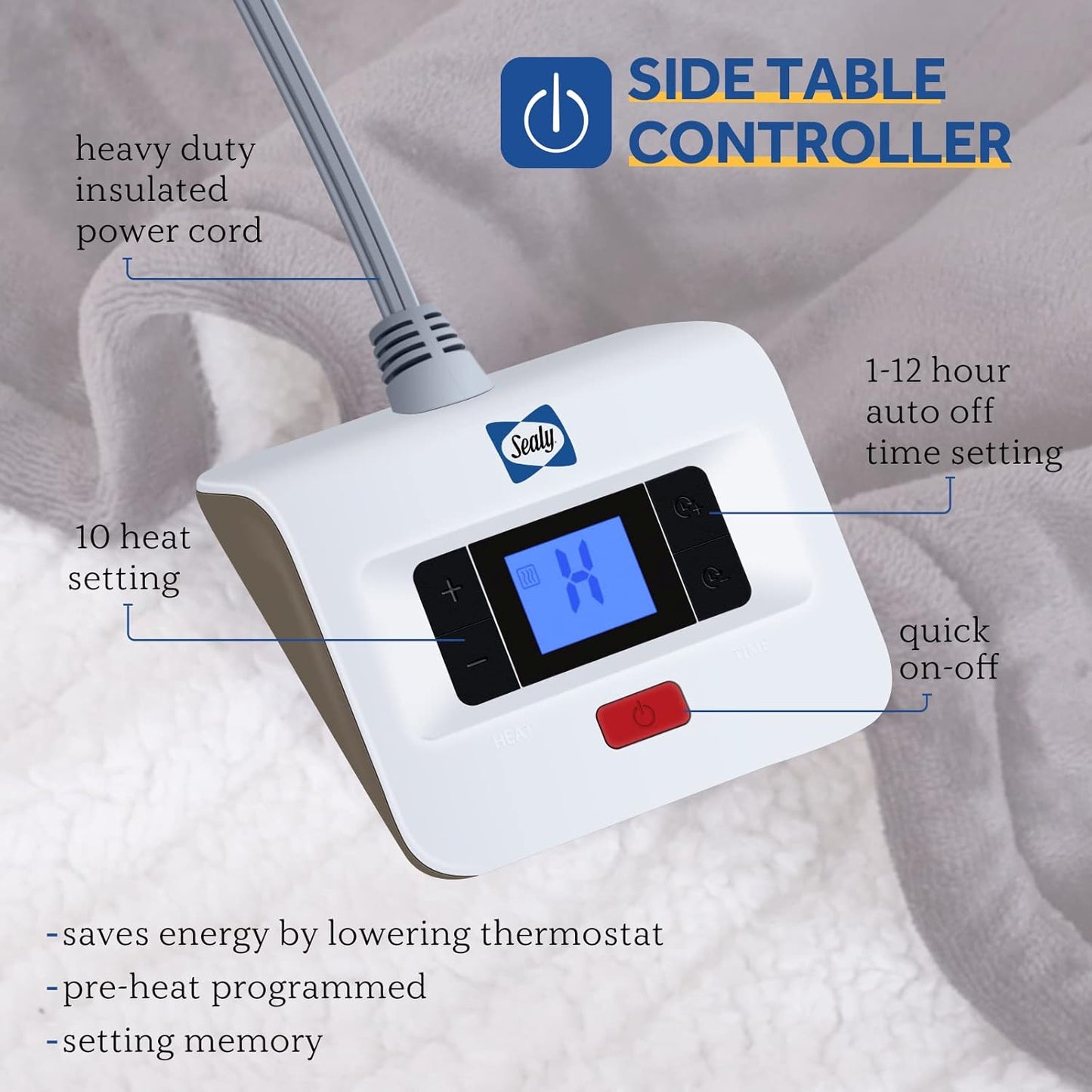 SEALY Electric Blanket Twin Size, Flannel & Sherpa Heated Blanket with 10 Heating Levels & 1-12 Hours Auto Off, Machine Washable, Grey, 62x 84 Inch