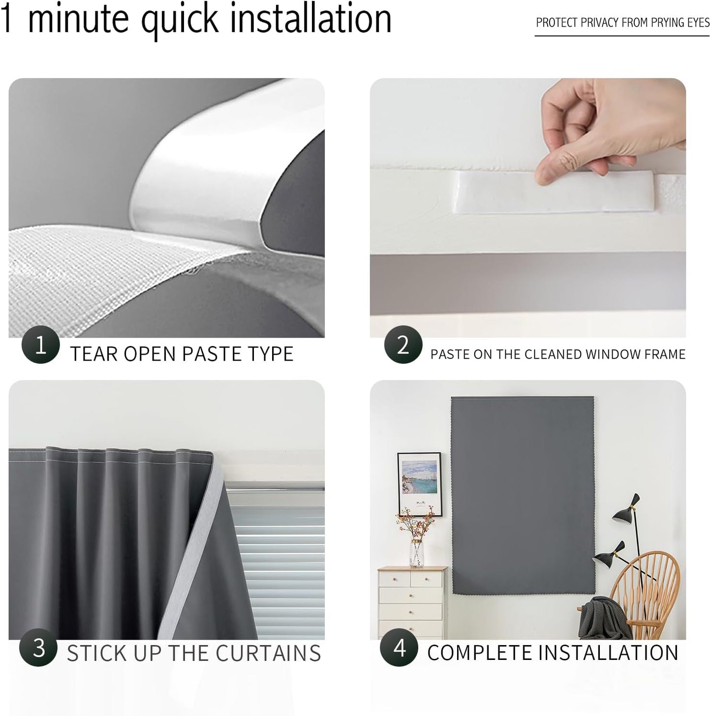 Magic Tape Stick On Curtains Window Shades Pull Down Blackout Window Cover Blackout Curtains for Bedroom No Drillng Self Adhesive Curtains No Rod Small Curtain, 35" W X 71" L, Grey, 1 Panel