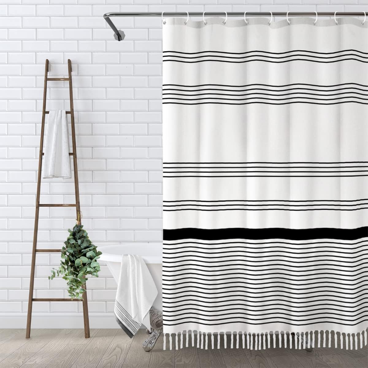 Awellife Black and White Boho Shower Curtain for Bathroom Stripe Tassel Shower Curtain Farmhouse Cotton 96" L x 72" W