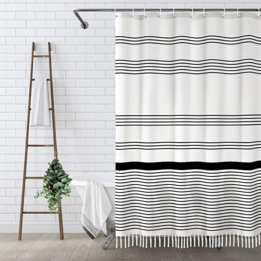Awellife Black and White Boho Shower Curtain for Bathroom Stripe Tassel Shower Curtain Farmhouse Cotton 96" L x 72" W