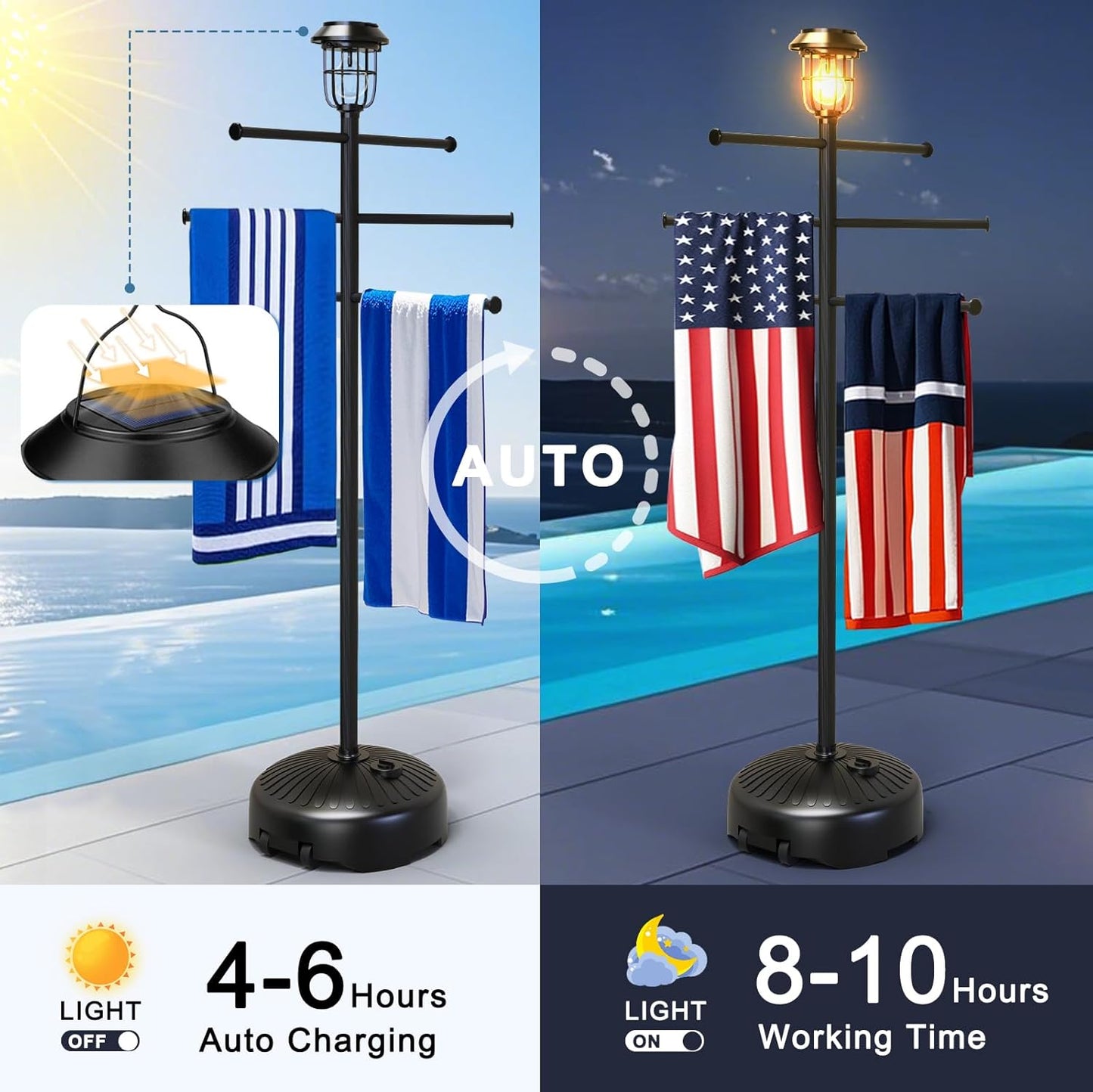 Solar Light Pool Towel Rack with Wheels – 63" Tall Adjustable Outdoor Towel Rack for Patio, Bathroom, Hot Tub