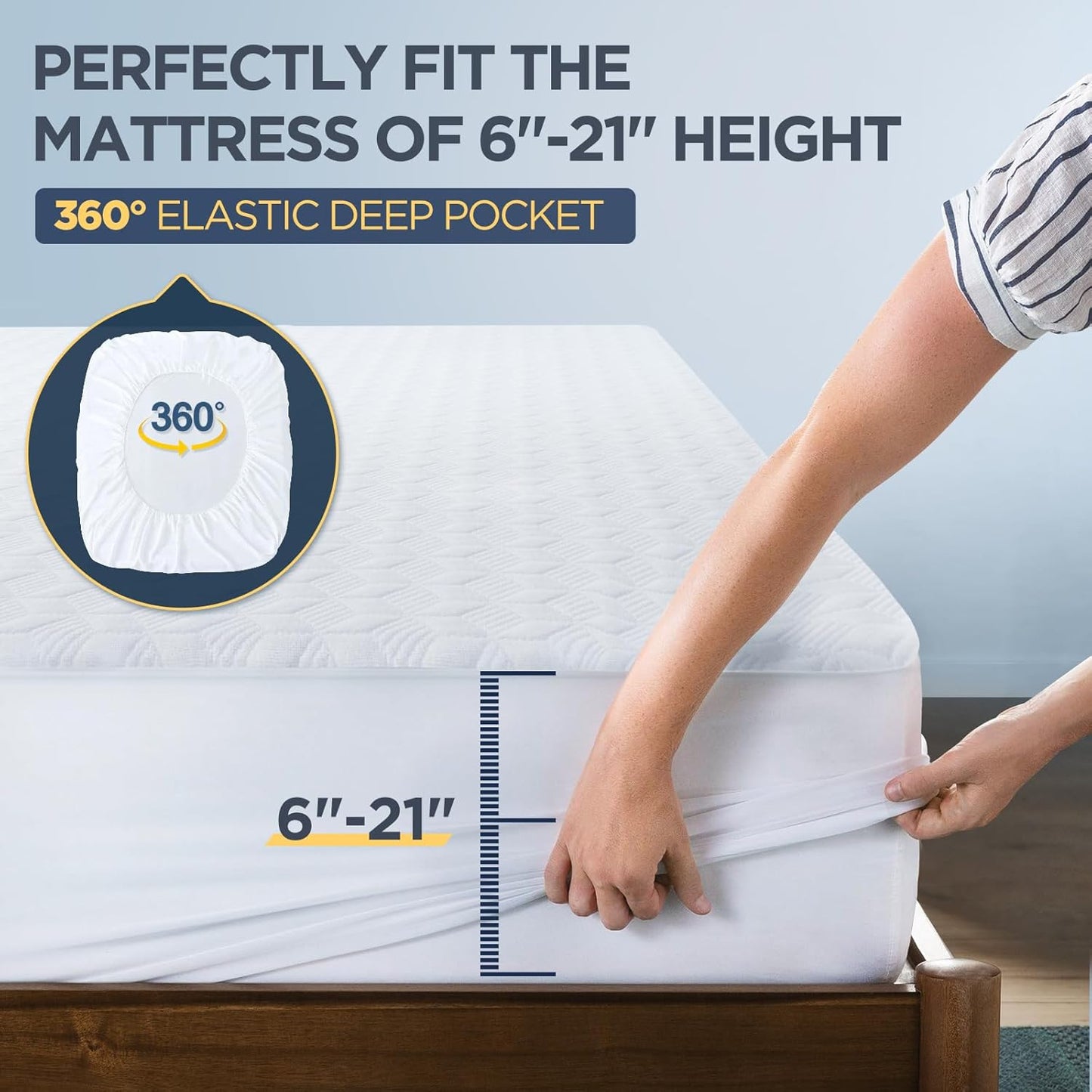 Premium Waterproof Mattress Protector Made from Silver-Ion Bamboo Rayon, Silver-Infused Mattress Cover for Better Safety & Health, Hypoallergenic Quiet Bed Cover Fits 6"-21" (White, Full)