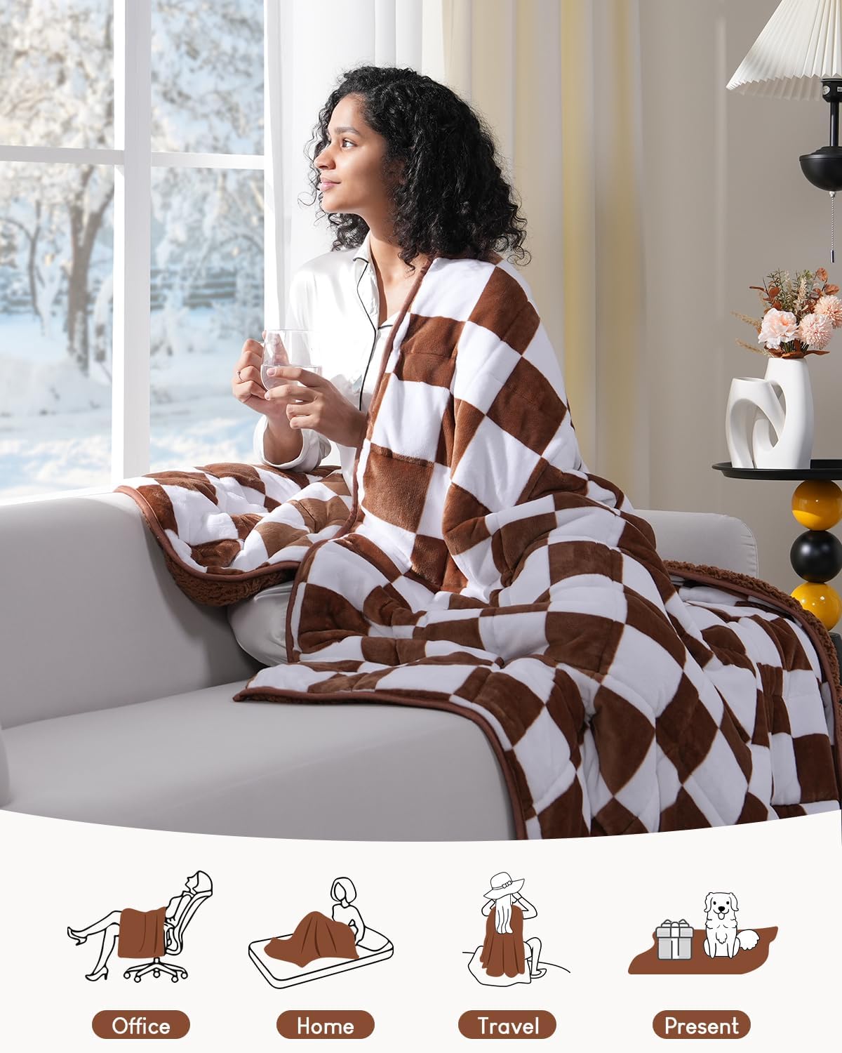 Cottonblue Checkerboard Weighted Blanket for Adults Twin Size 15 lbs 48" x 72", Fluffy Sherpa Flannel Heavy Weighted Throw Blankets for Bed Couch Sofa, Ultra Soft Cozy Bed Blanket, Plaid Khaki