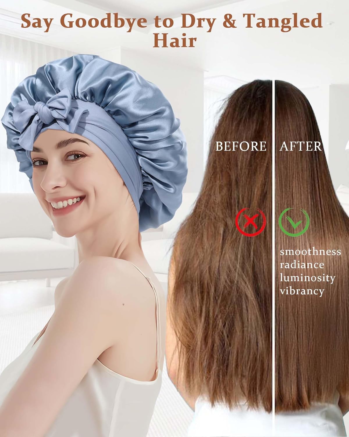 100% Mulberry Silk Bonnet for Sleeping Women Double Layer Silk Hair Bonnet Natural Silk Sleep Cap with Elastic Reversible Hair Wrap (Haze Blue + Sky Blue)