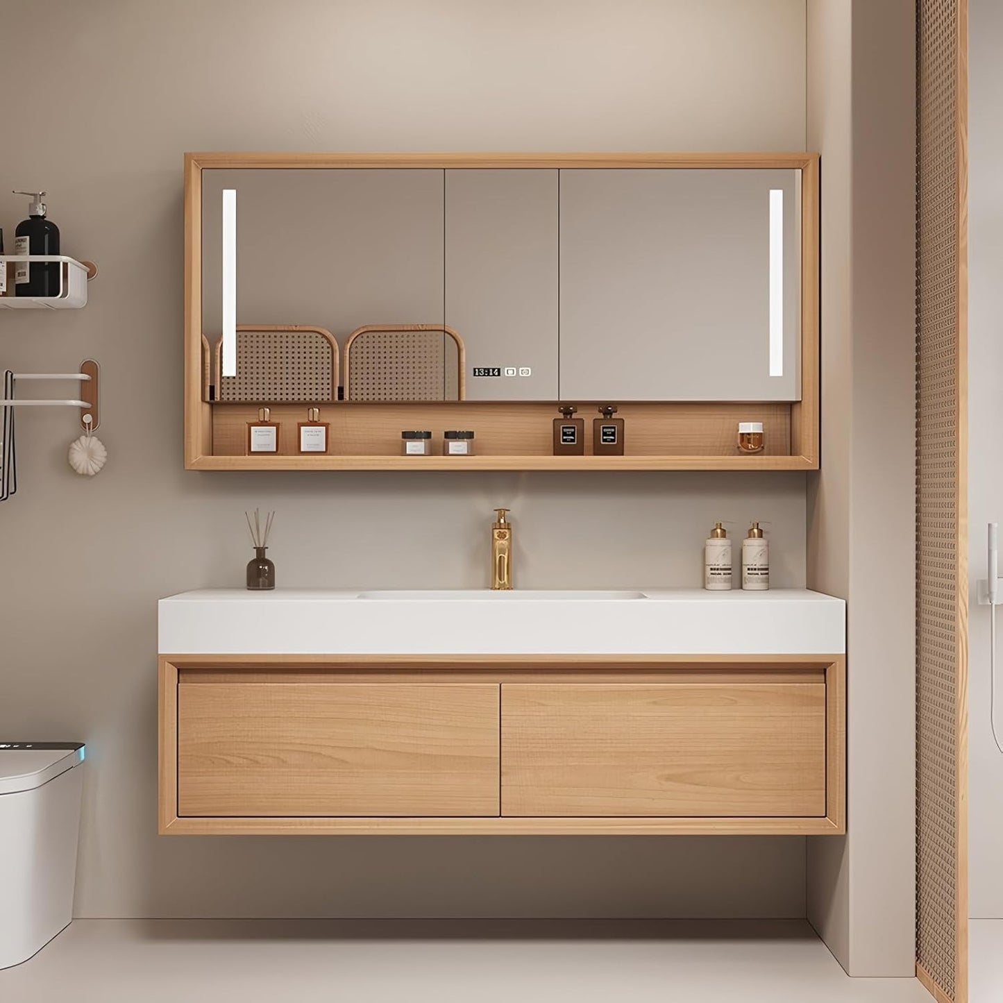Single Sink Bathroom Vanity, 36Inch Modern Bathroom Vanity Set Includes LED Smart Defogging Mirror Cabinet and Open Shelf, Floating Vanities with One Piece Sink and Drawers Storage(Original Wood )