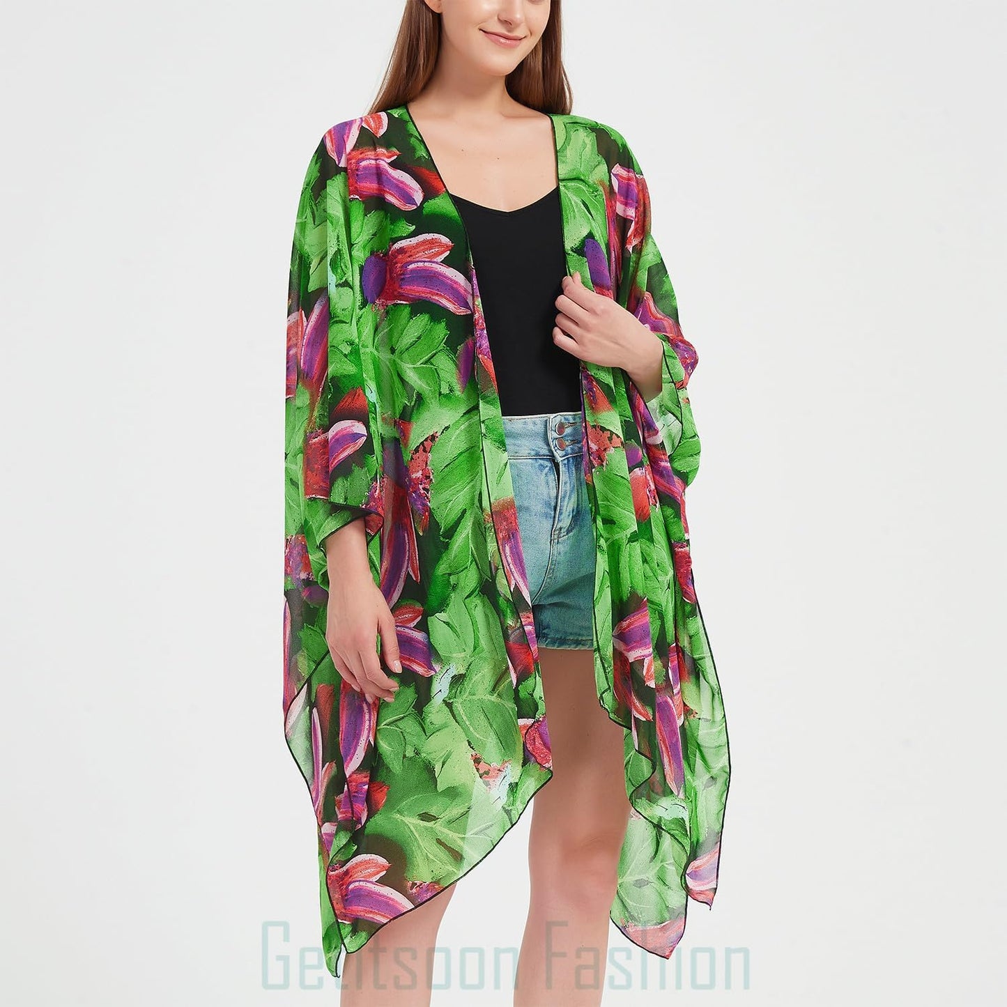 Women's Bohemian Floral Chiffon Beach Cover up Swimsuit Kimono Summer Swimwear Cardigans