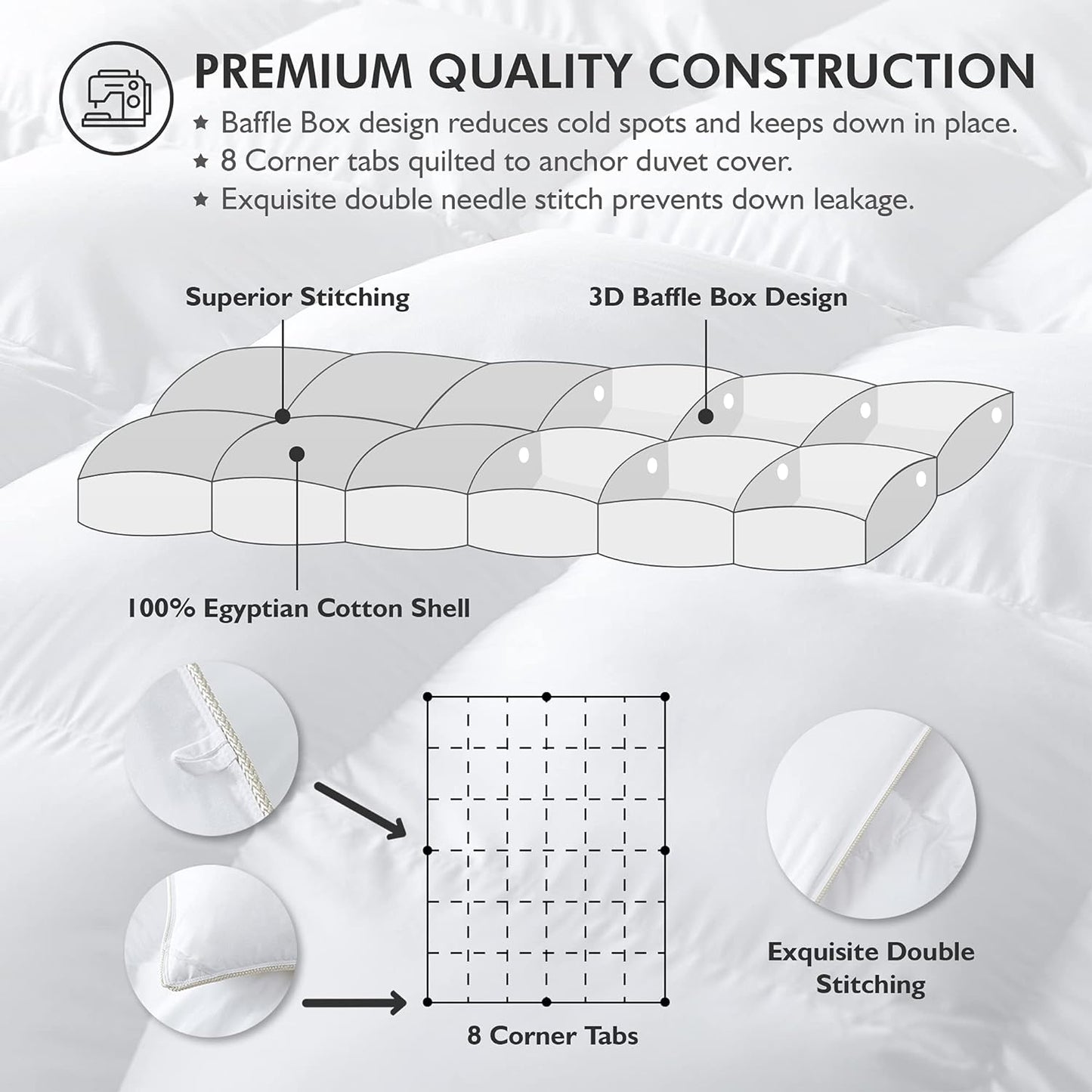 Luxurious Palatial King/Super King 120" x 98" Size Goose Down Fiber Waterfowl Feather Fiber Comforter Duvet, 100% Egyptian Cotton Cover, 80 oz. Fill Weight, Baffle Box Design, White Solid